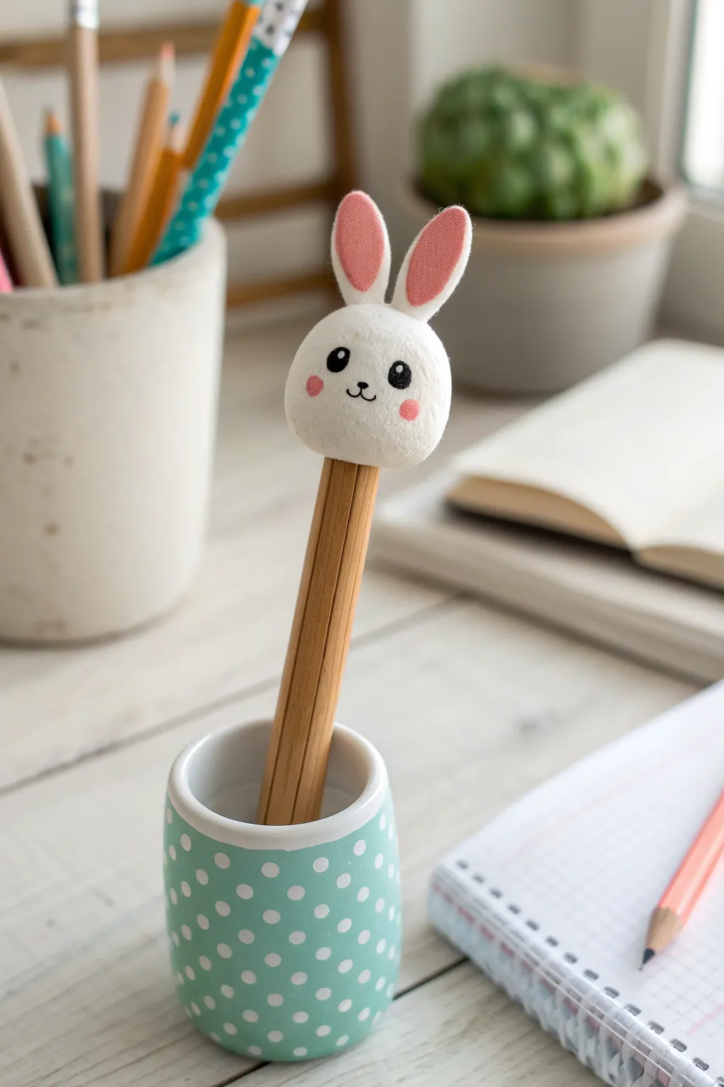 Cute kawaii bunny pencil topper in air dry clay, minimalist Scandinavian desk styling with bold contrast