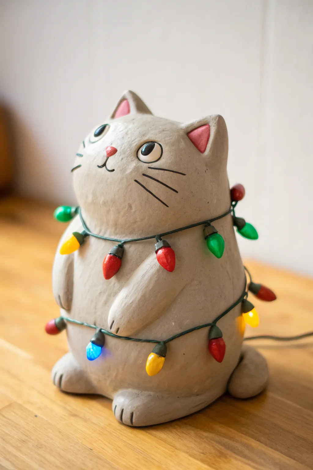 Chubby kawaii clay cat tangled in colorful Christmas lights, simple and festive for beginners