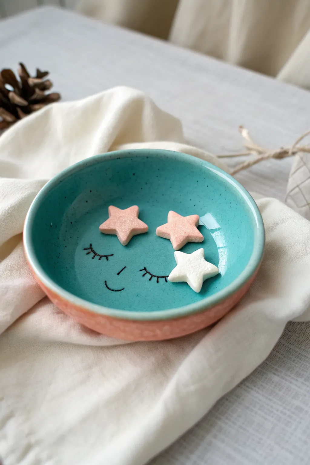 Tiny sleepy-face trinket dish holding pastel clay stars, minimalist kawaii desk decor.
