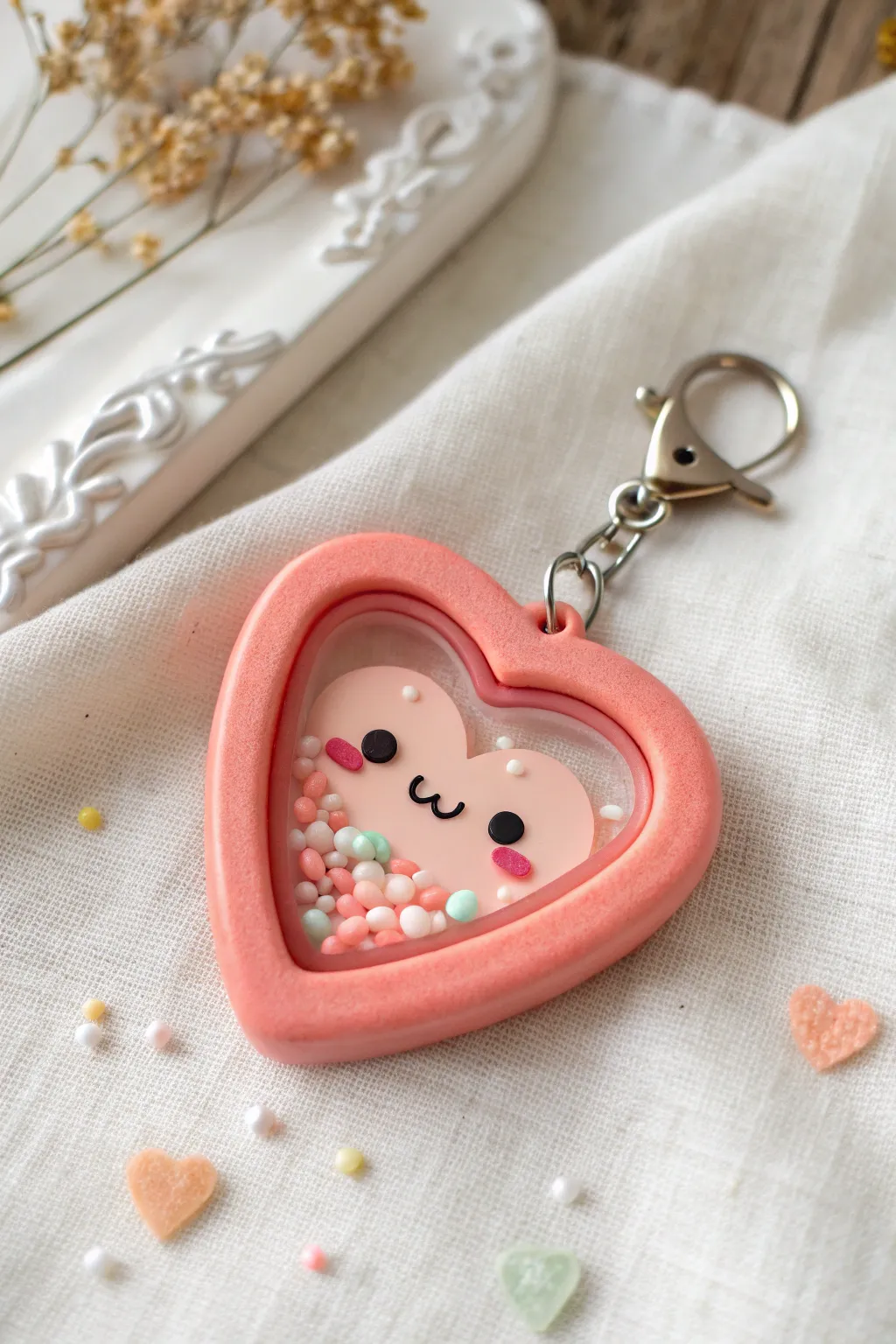 Cute heart shaker charm with floating sprinkles, minimal styling, ready to shake and sparkle.
