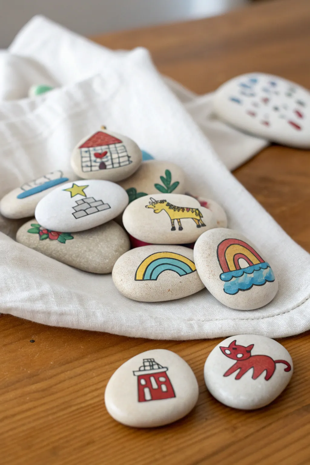 Bright air dry clay story stones with kid-friendly icons, ready for imaginative make-believe play