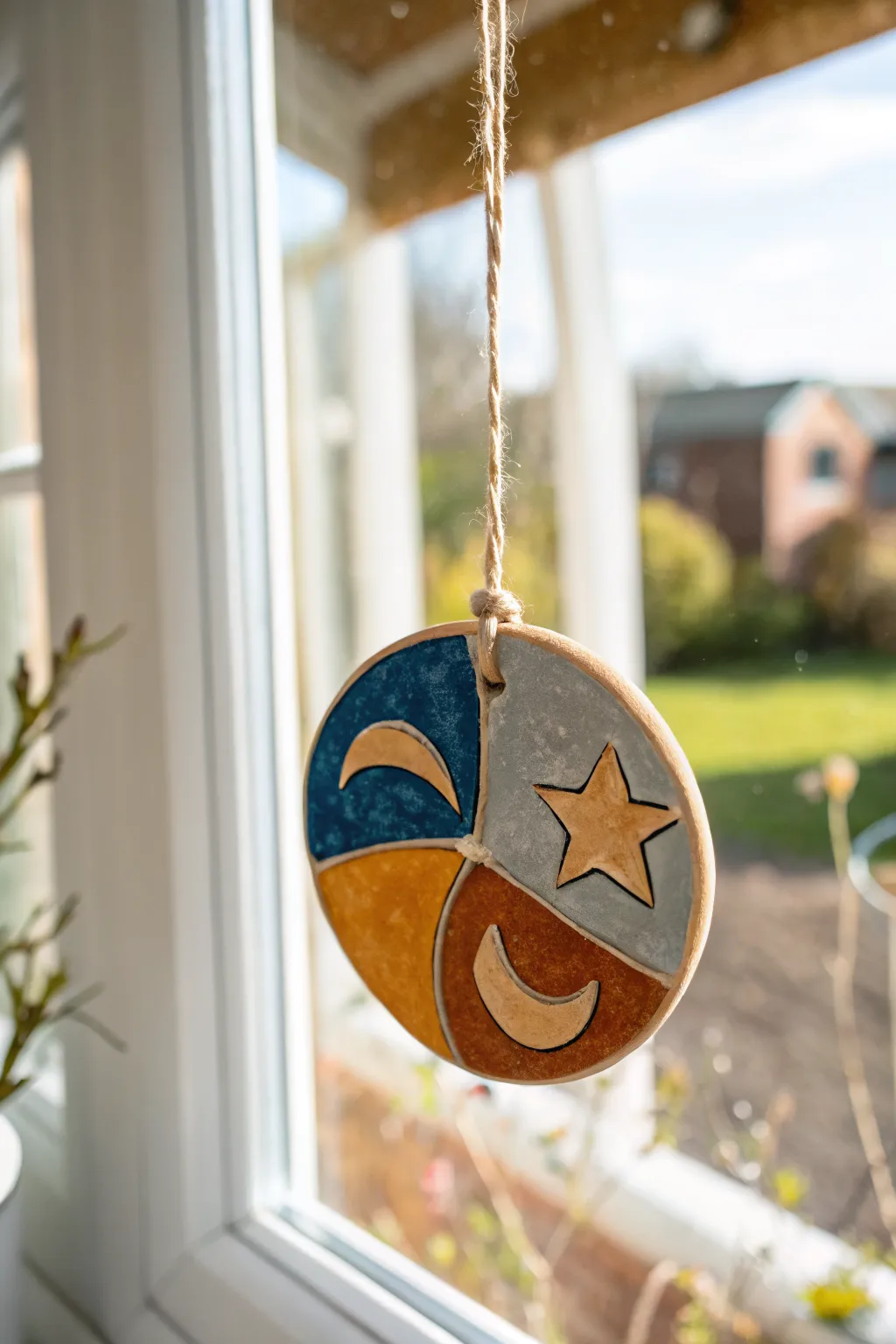 Bright air-dry clay suncatcher with simple cutouts glowing in the sun for an easy kids craft