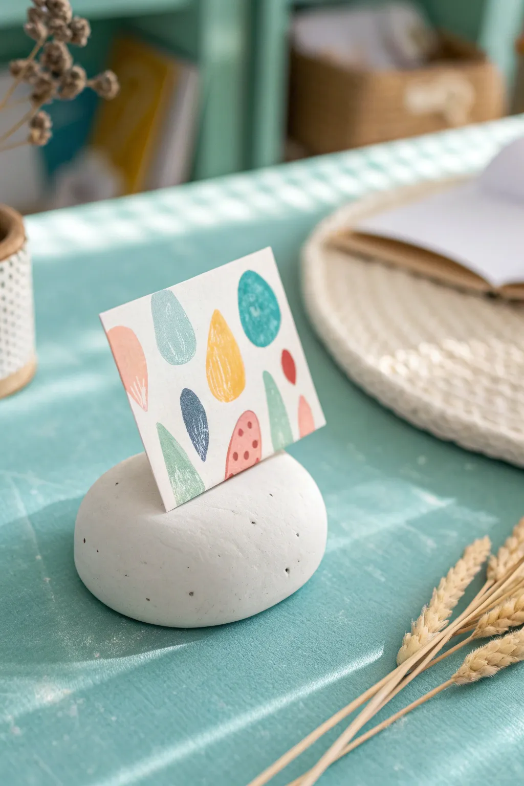 Cute air dry clay note holder for kids, simple to make, styled in modern boho colors.