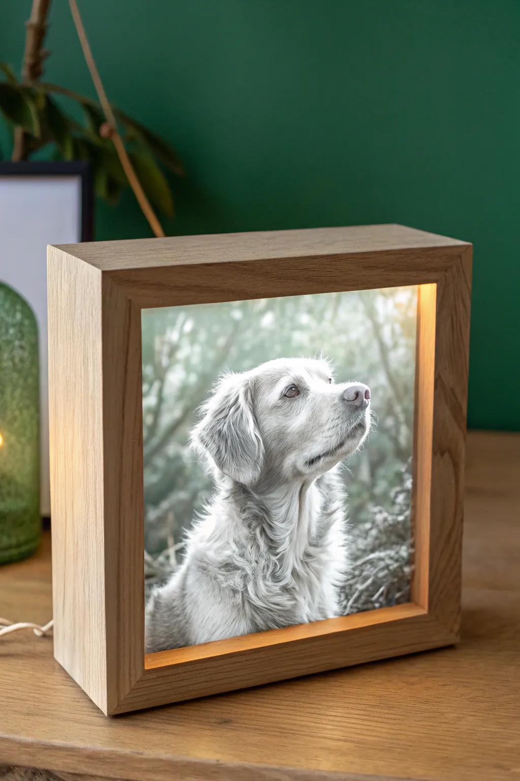 Warm pet portrait lithophane lightbox, softly glowing to preserve fur detail in serene minimalist style.