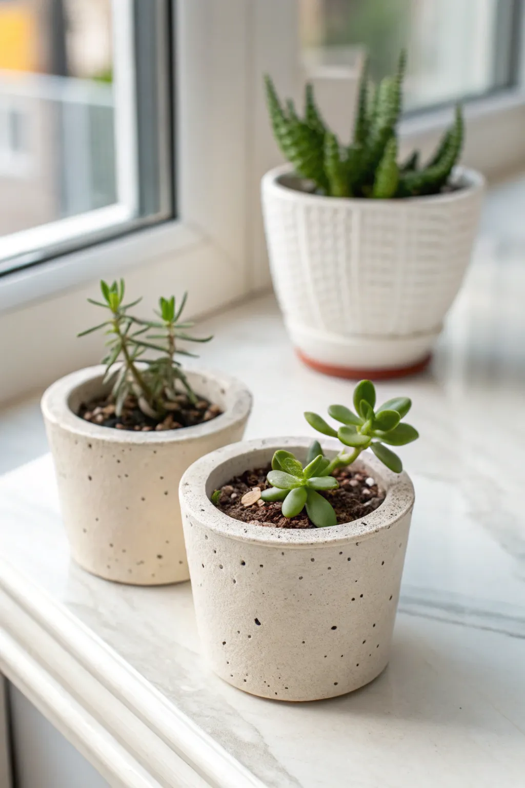 Palm-sized mini planters with faux sprigs, a sweet air dry clay idea with bold color contrast.
