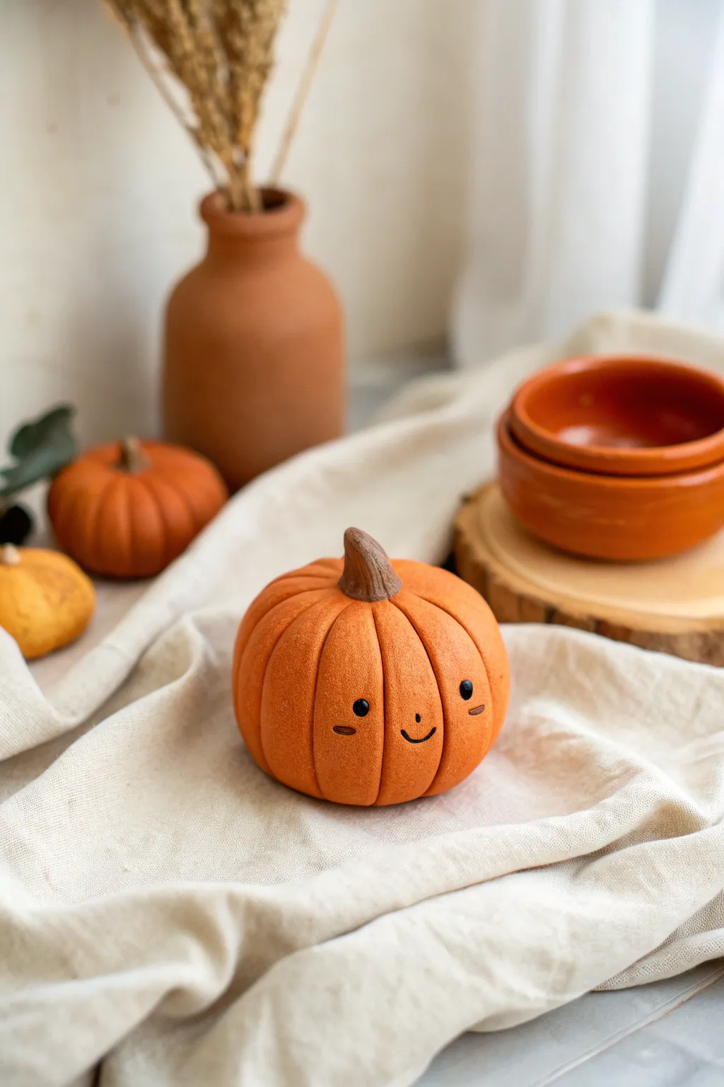 Tiny pumpkin pal: an easy clay figure with cozy fall vibes, minimalist and sweet on display.