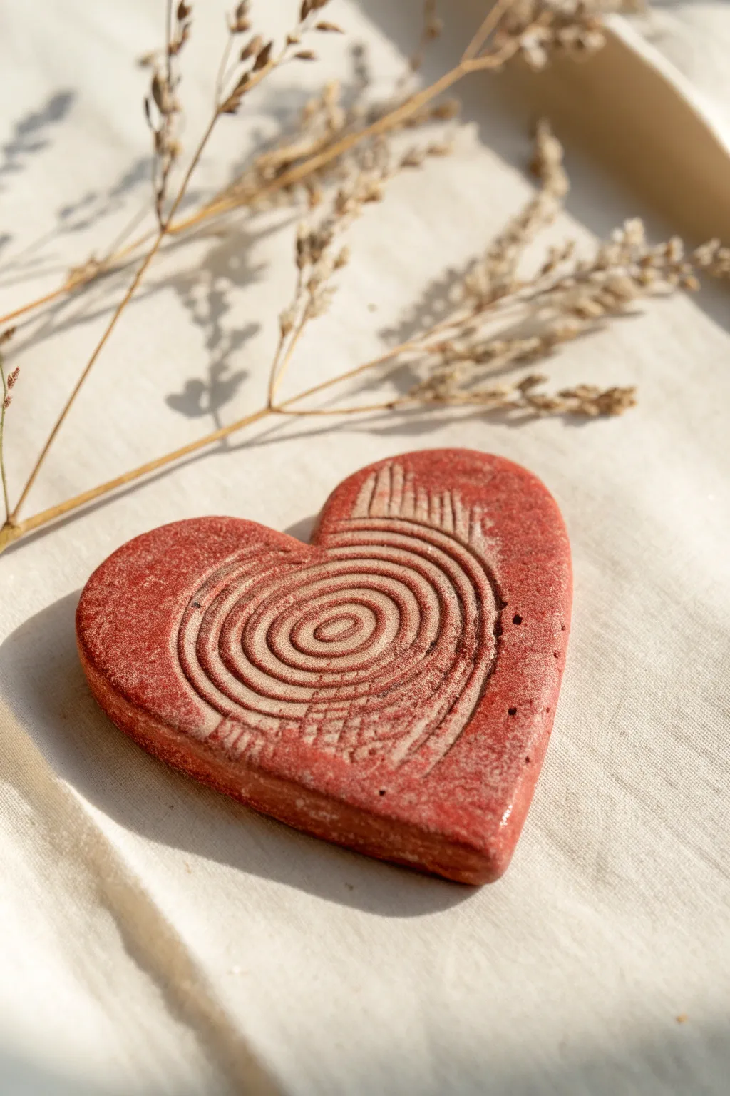 A handmade clay heart token with intertwined fingerprints, matte glaze, minimal Nordic styling.