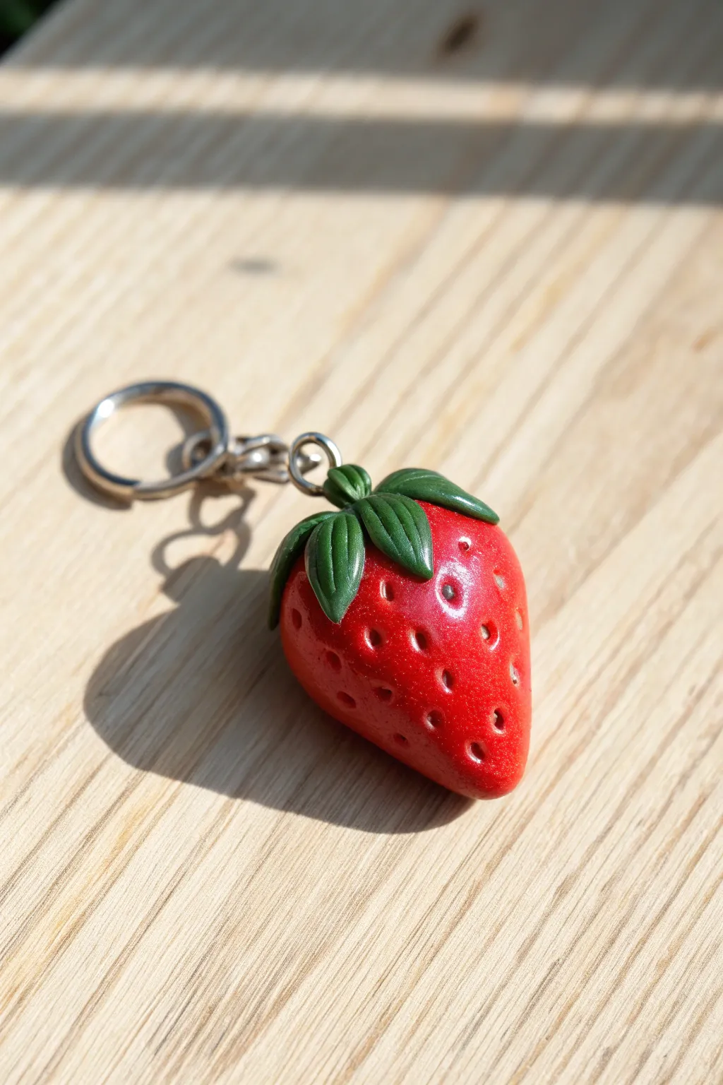 Sweet strawberry charm with seed texture, bold red and green, minimalist Scandinavian clay decor