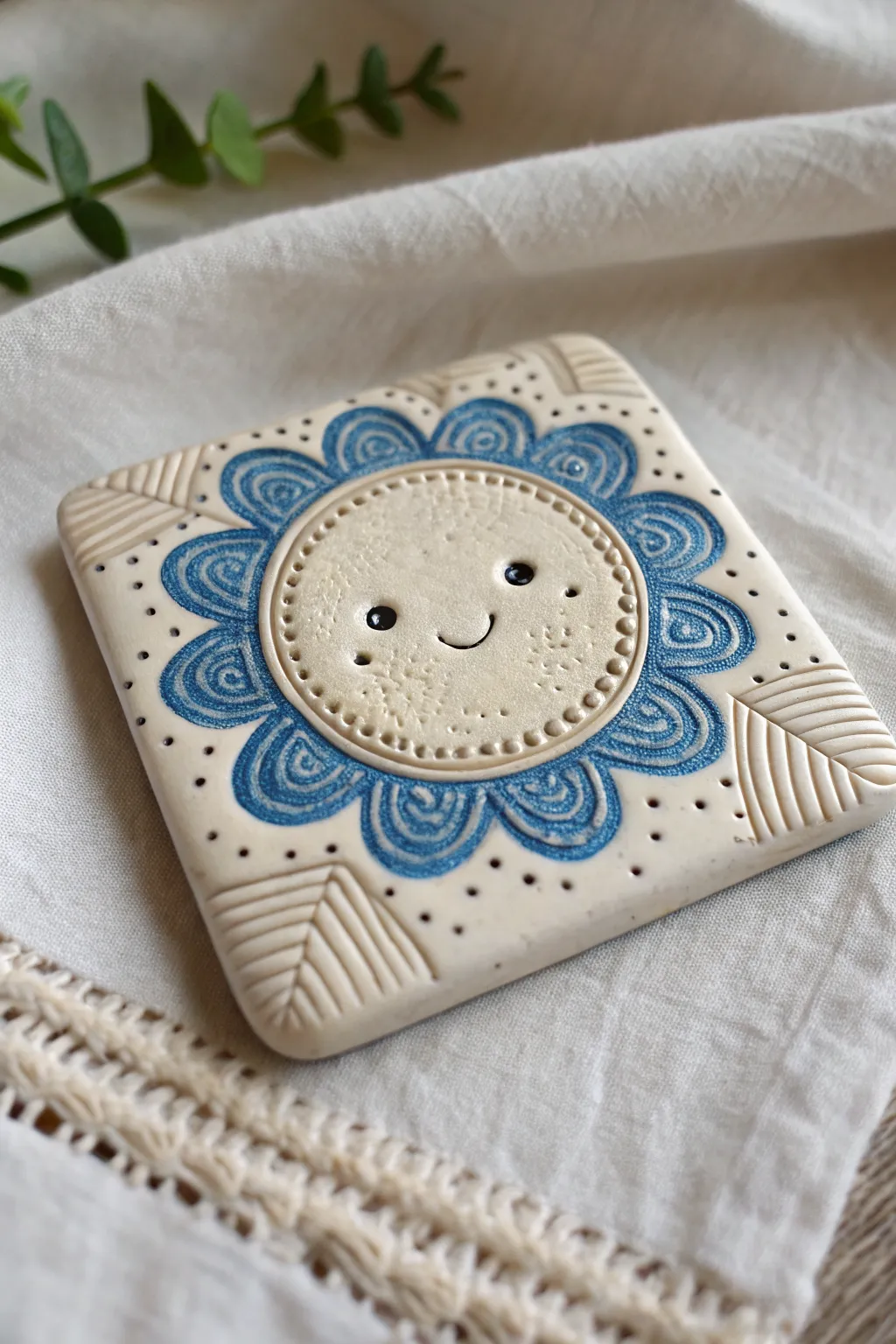 Texture-stamped magic clay creature tile with bold patterns, simple face, Scandi-boho vibes