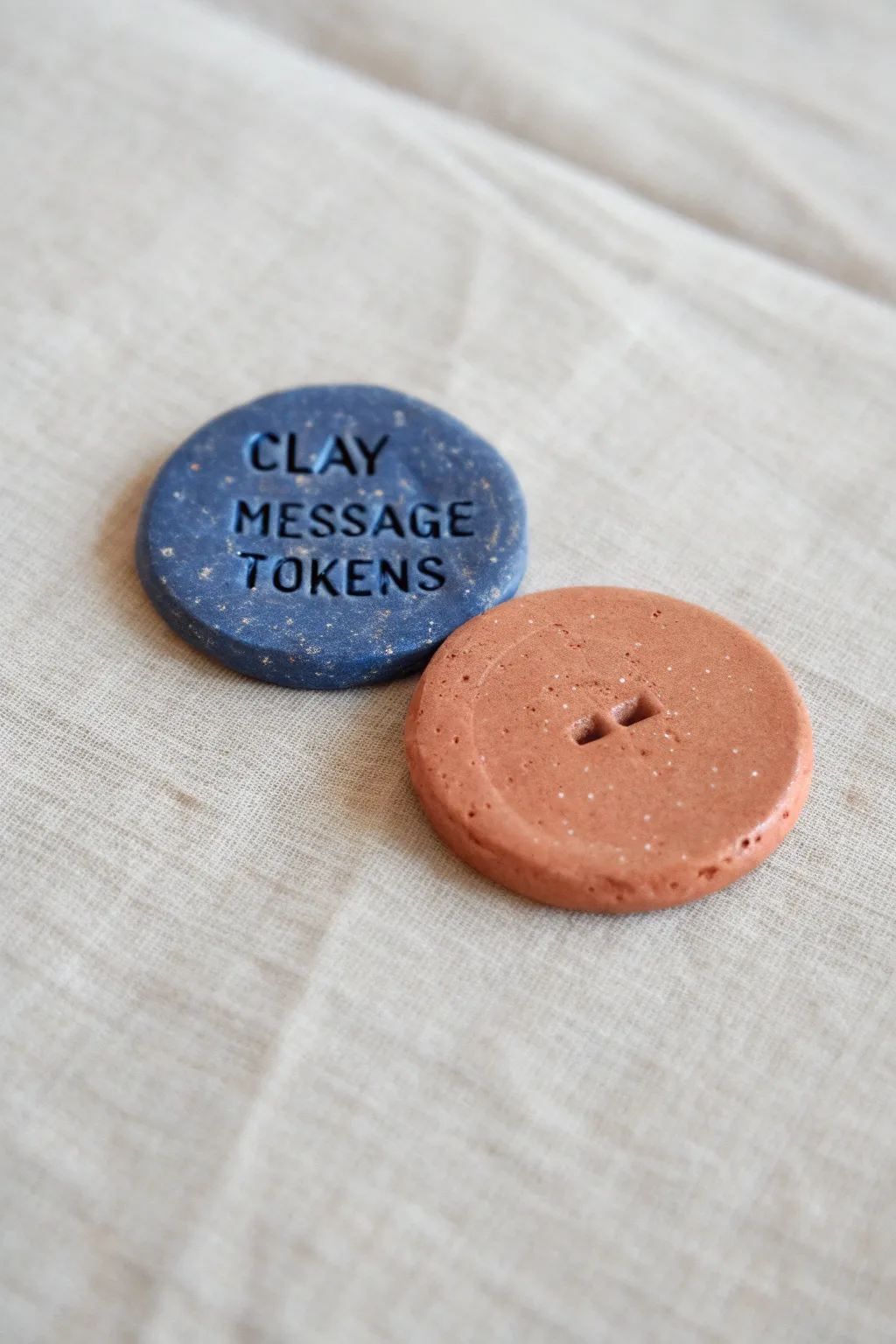 Mini matching clay tokens with simple stamped messages, bold color, and clean Scandinavian styling.