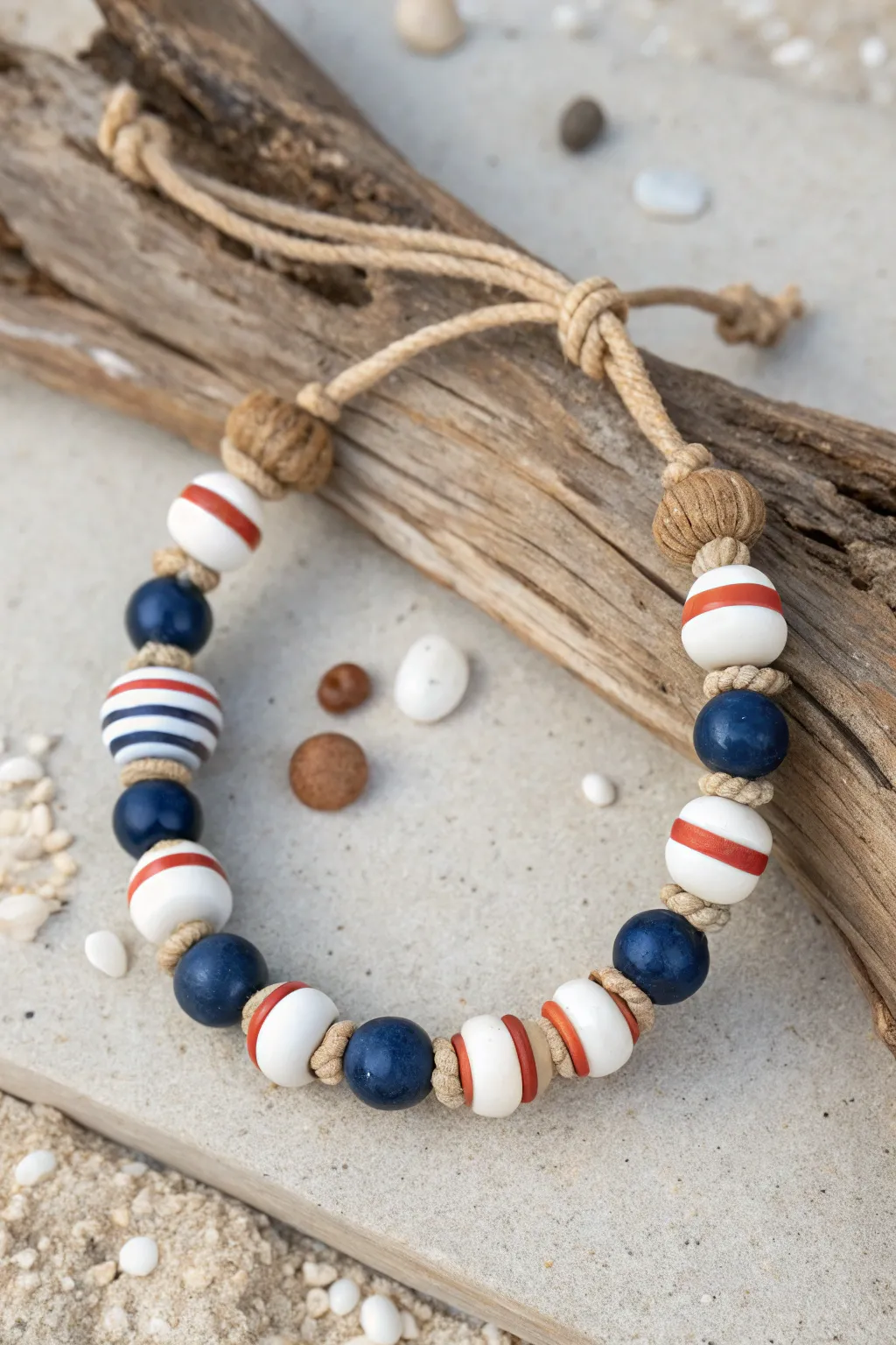 Navy, white, and rope tones in a clean coastal clay bead bracelet with bold contrast.