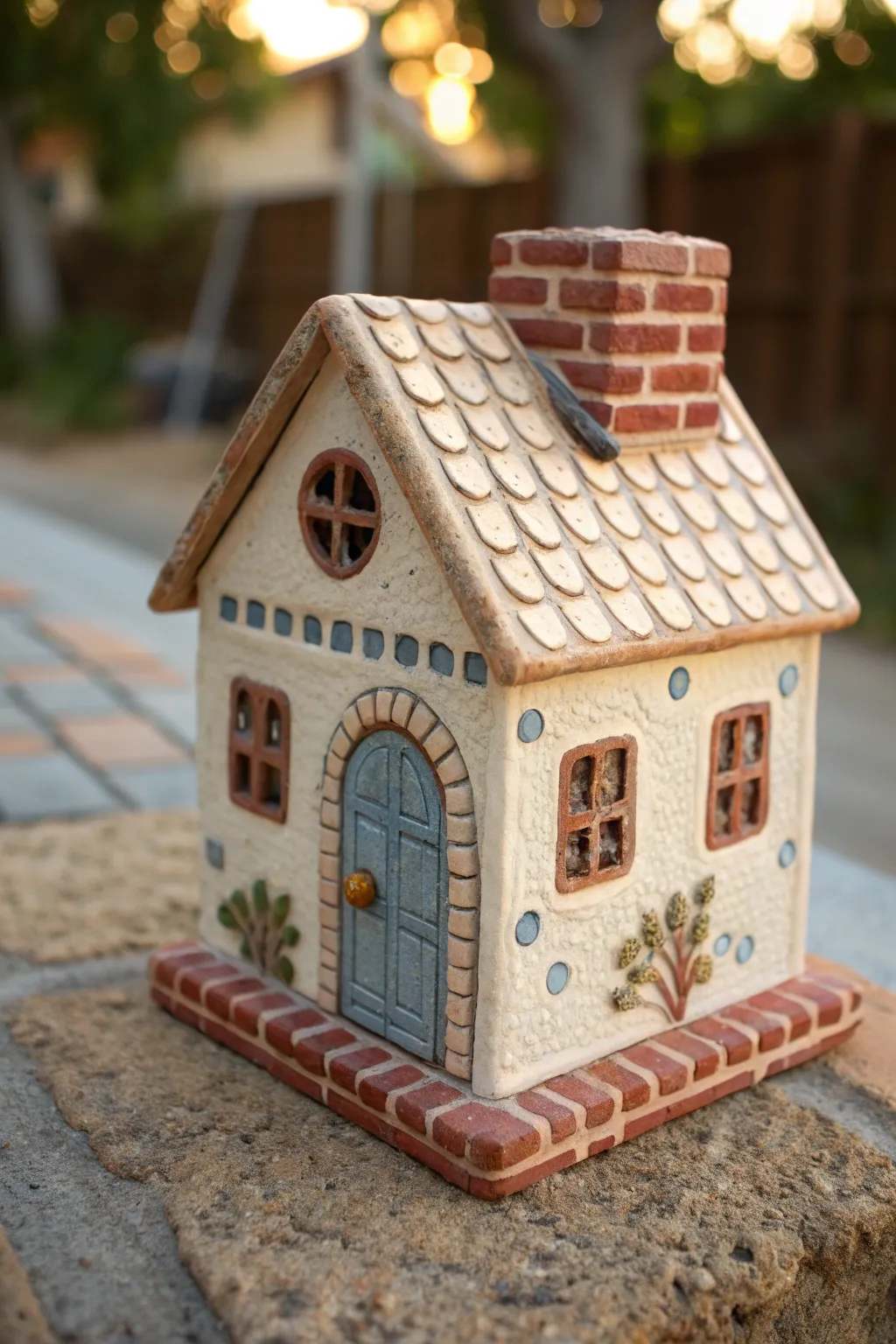 Slab-built fantasy house with simple windows, a textured roof, and one whimsical surprise detail.