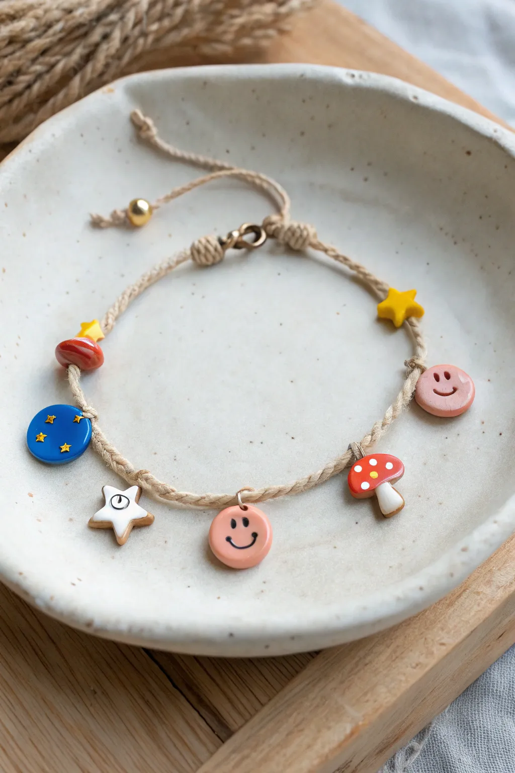 Mini clay charm bracelet with playful shapes, bold colors, and clean Scandinavian styling.