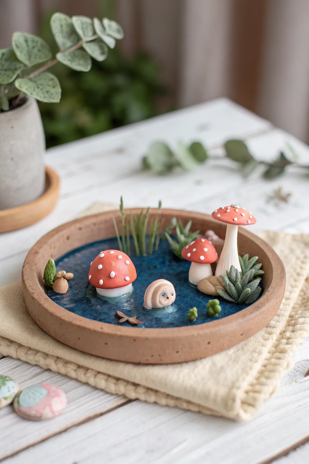 A tiny shared clay world on one base: pond, mushrooms, and two sweet little critters
