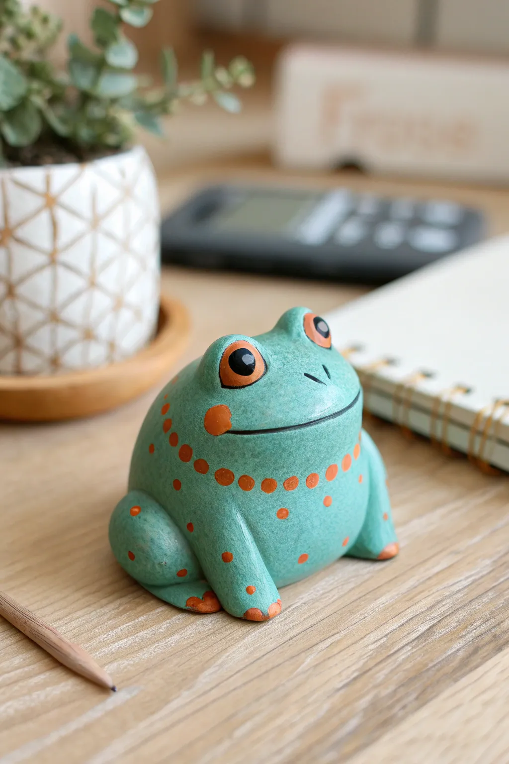 Minimalist mini clay frog desk buddy that neatly holds a toothpick, bold color and cozy craft vibe