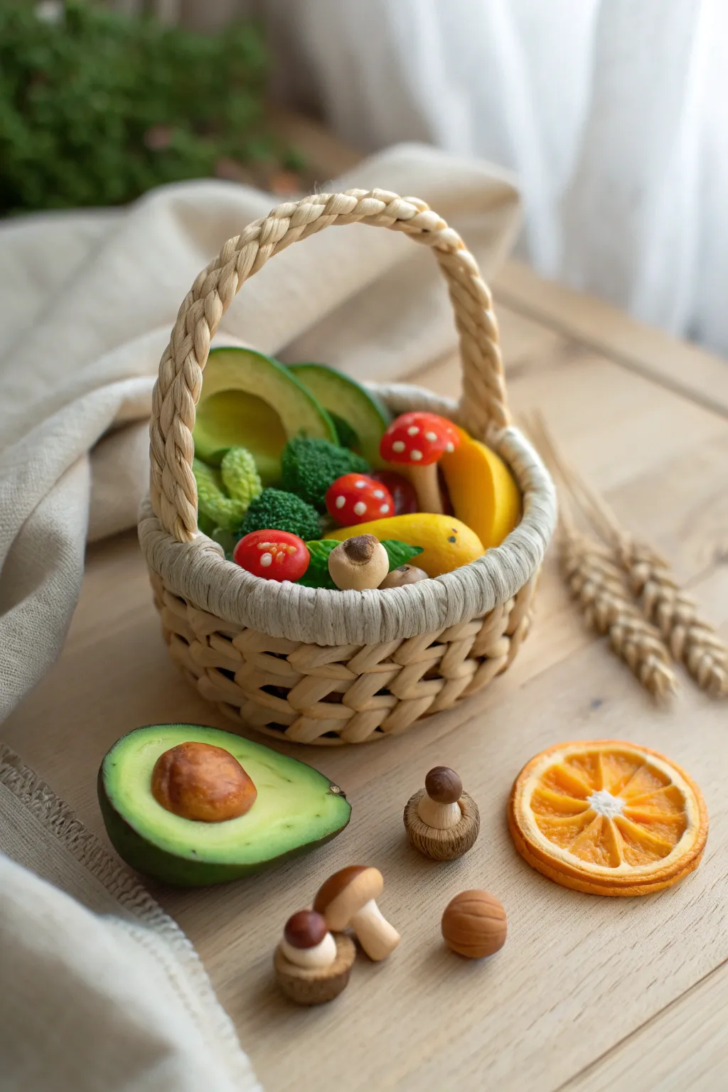 Mini clay produce basket with bright tiny fruits and veggies, simple styling and bold contrast