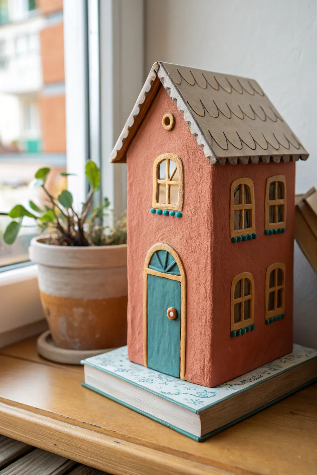 Cozy book nook mini clay house facade with minimalist Scandinavian lines and warm boho color pops