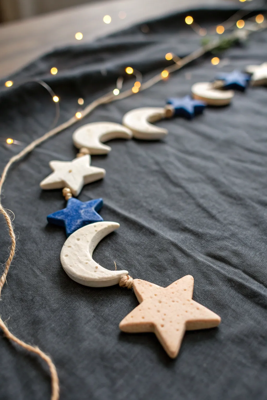 Tiny clay moon and star garland in soft neutrals with a bold cobalt accent, minimalist boho vibe.