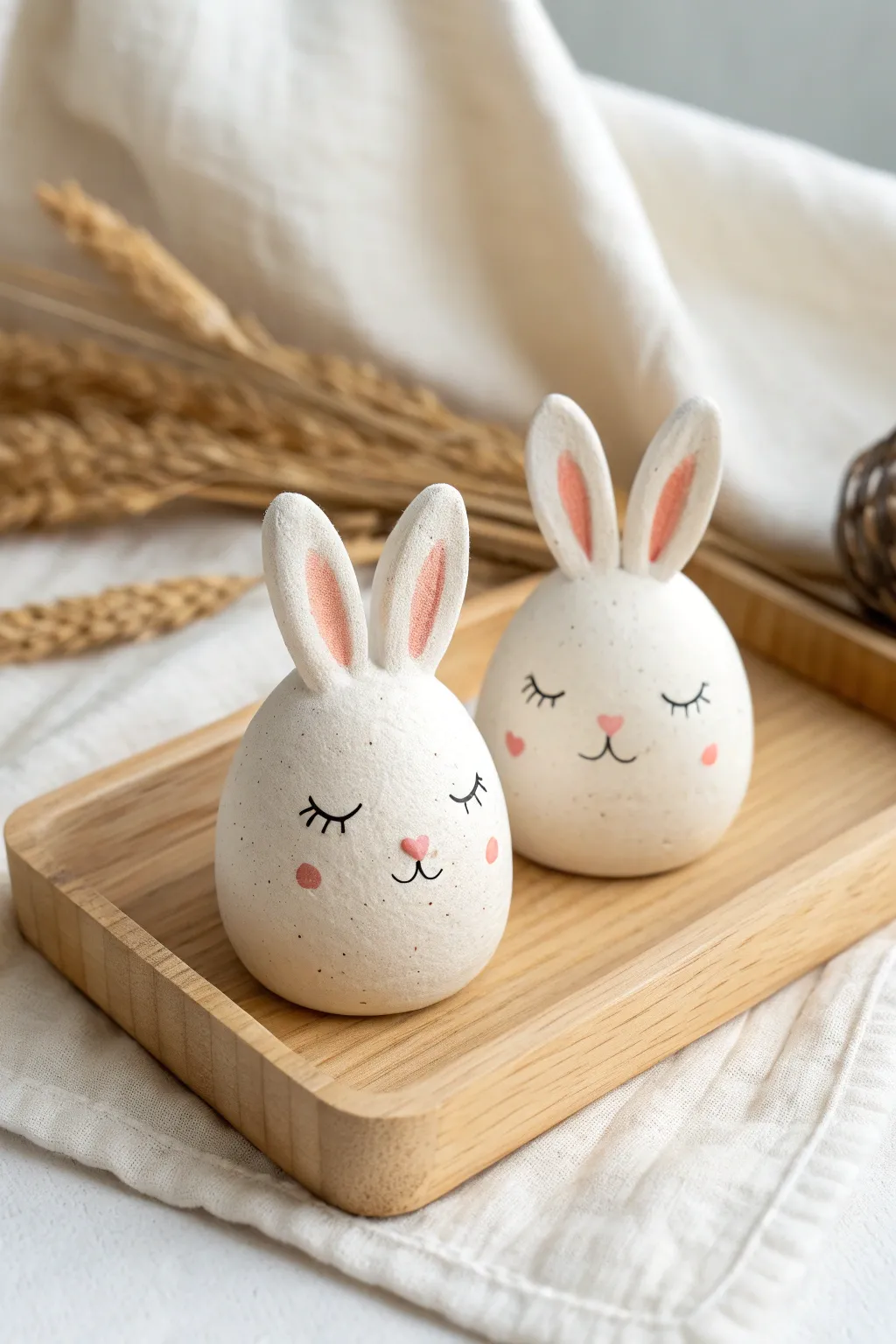 Mini sleepy bunny buddies in cozy minimalist style, simple shapes and bold, warm color contrast