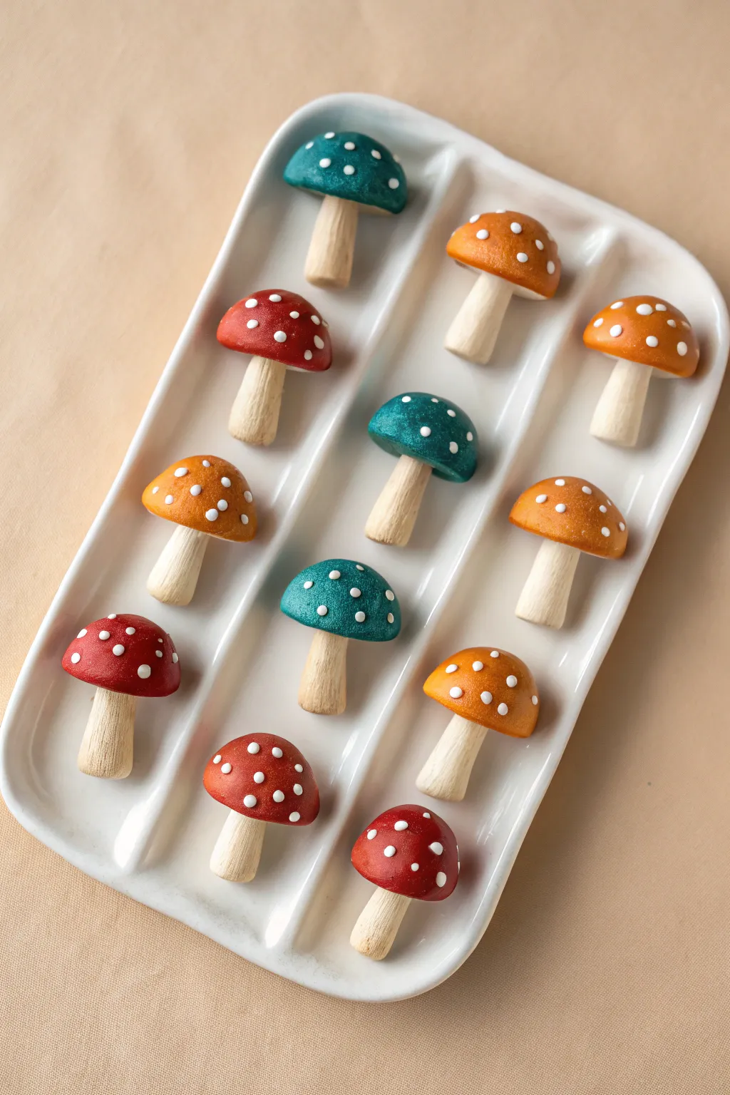 Mini clay mushroom set in a clean grid, bold colors on a minimalist Scandinavian backdrop