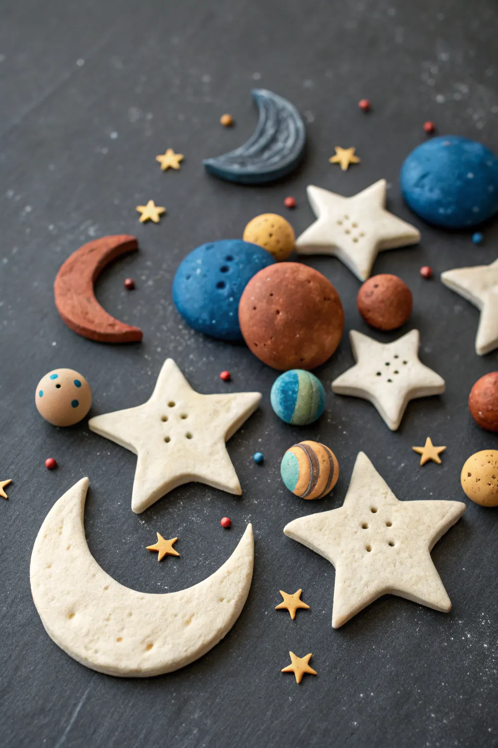 Dreamy mini moons and planets in bold glazes, simple textures, Scandinavian minimal with boho charm.