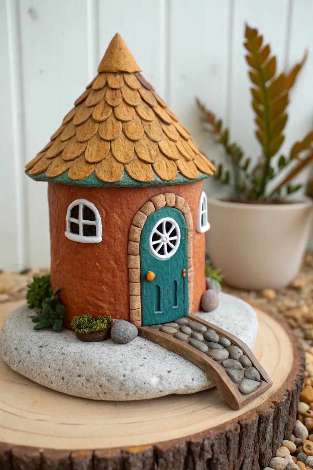 Mini clay fairy house on a smooth stone base, simple details and bold color for tiny magic.