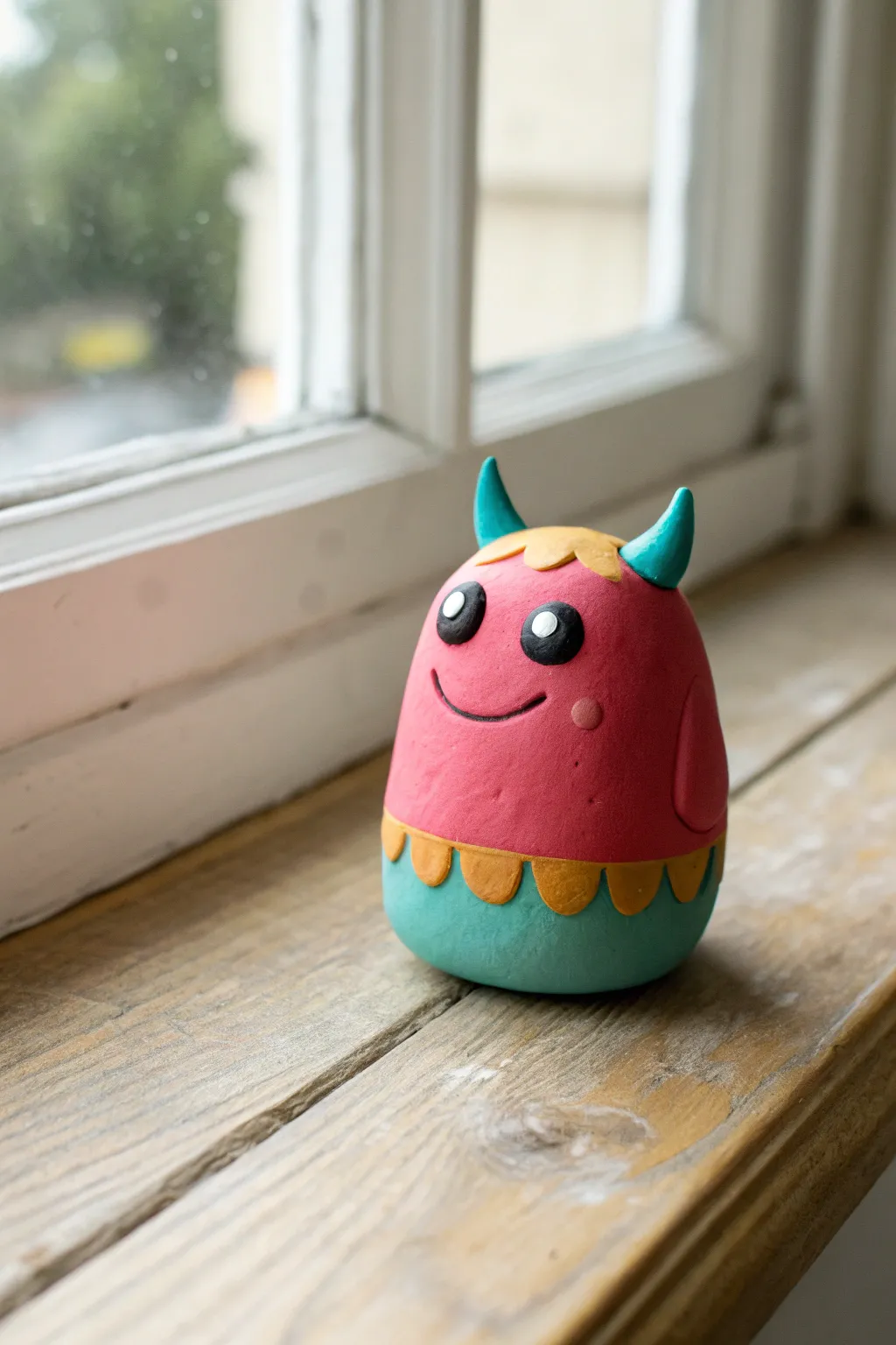 One-shape mini blob monster: bold color-block clay, tiny horns, and an easy handmade grin