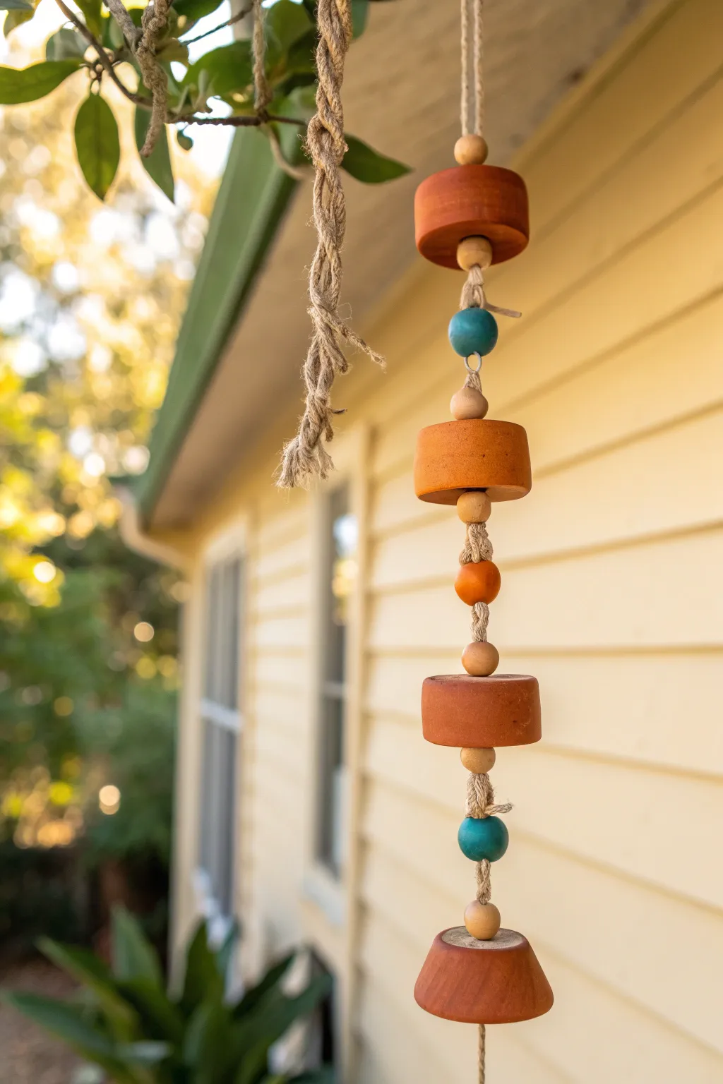 Mini terracotta pot wind chime with beads, simple boho charm in warm bold colors