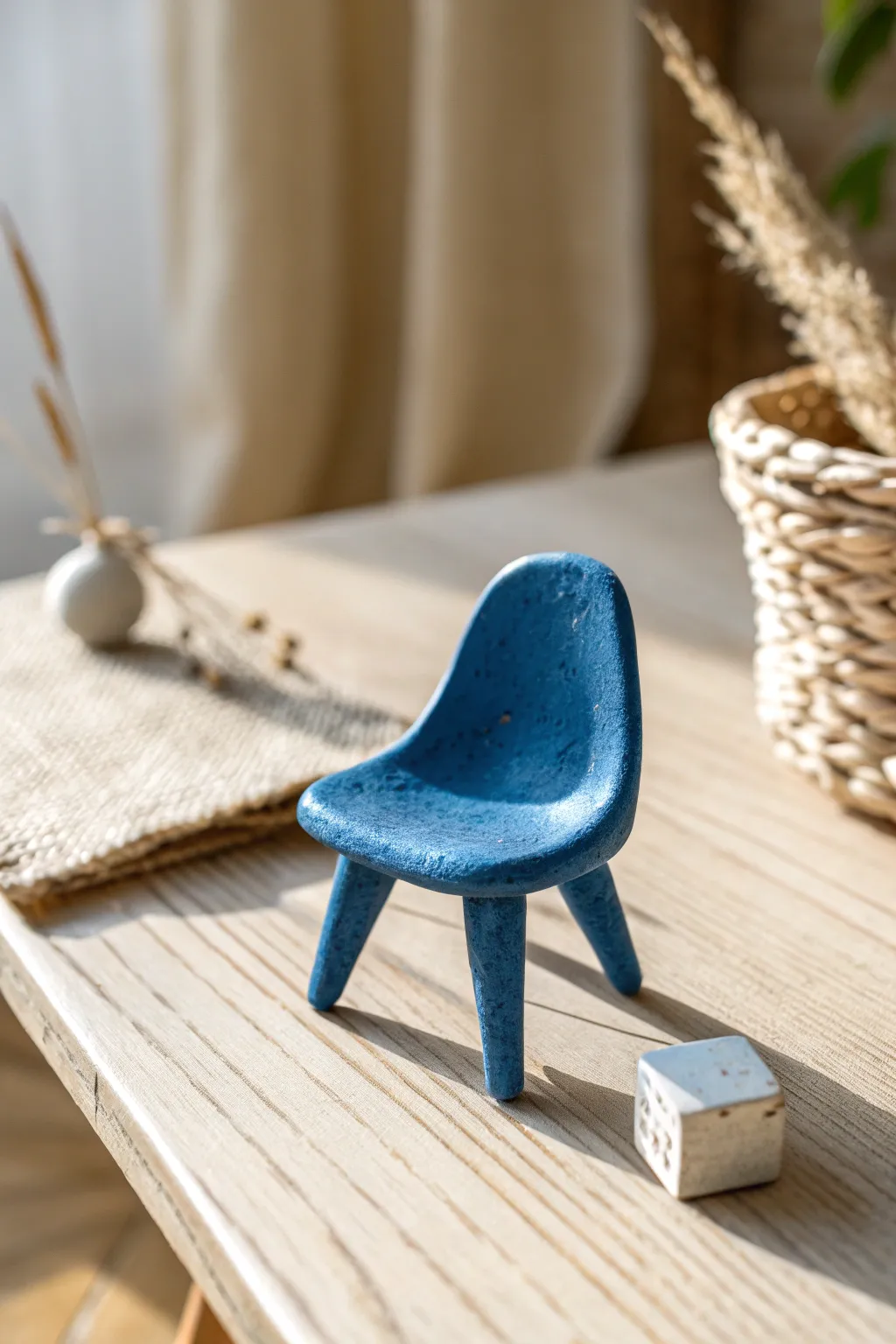Tiny air-dry clay chair charm in bold terracotta, minimalist and handmade, Pinterest-ready.