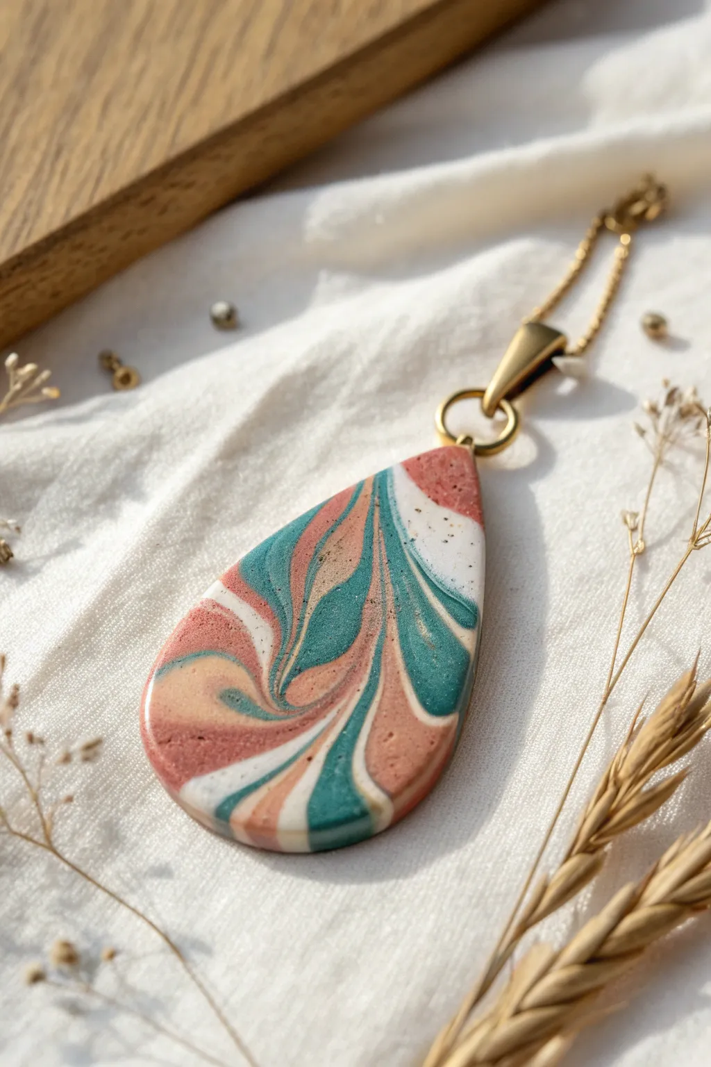 Bold marbled Model Magic pendants in modern shapes, minimal styling, big color impact.