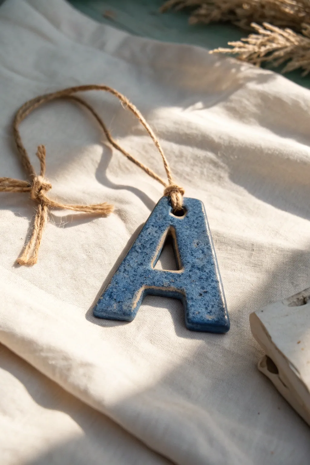 Minimalist clay letter ornament in bold cobalt with twine tie, perfect as a gift tag or decor.