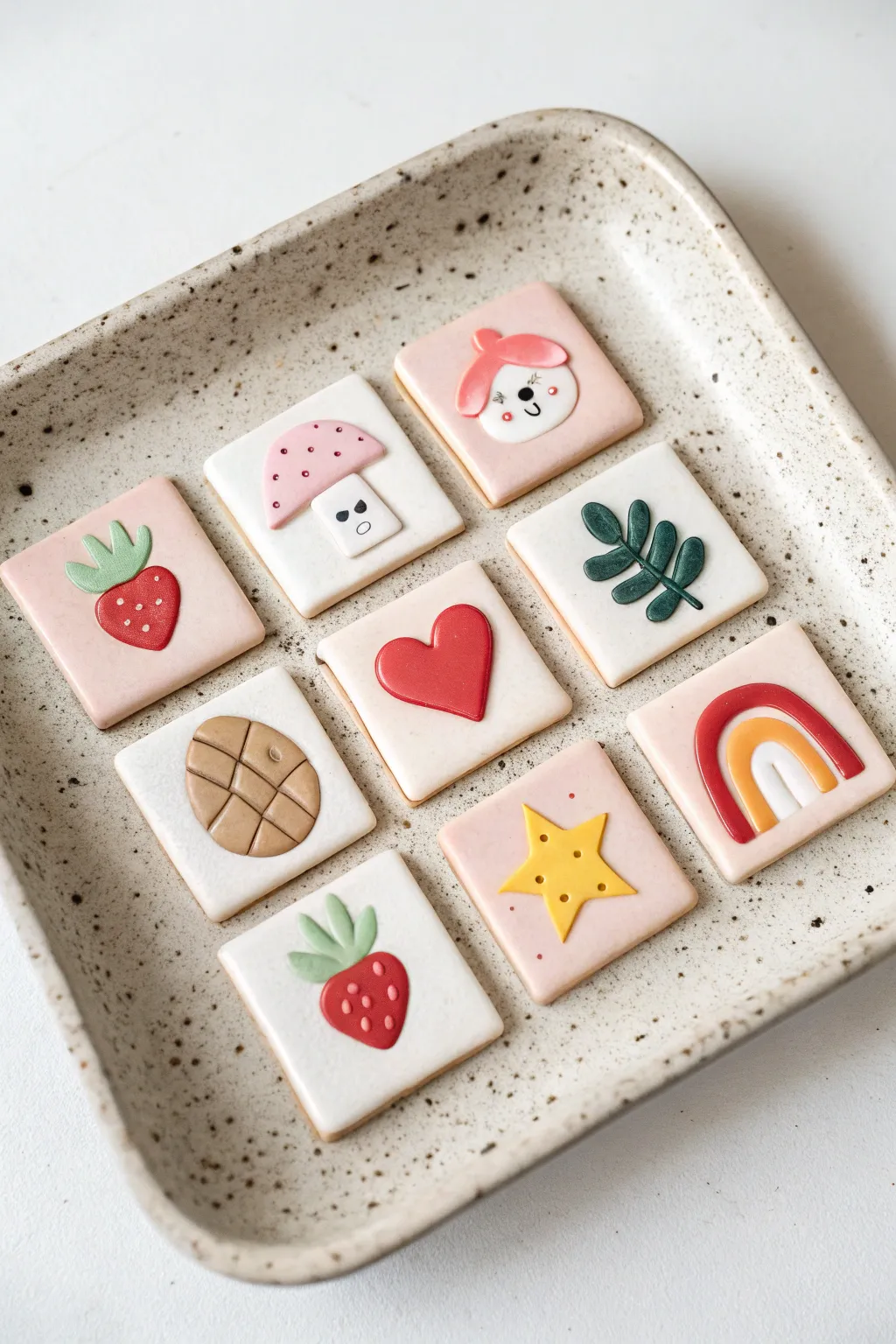 A satisfying 4x4 grid of tiny clay creations to spark endless ideas, minimalist yet colorful