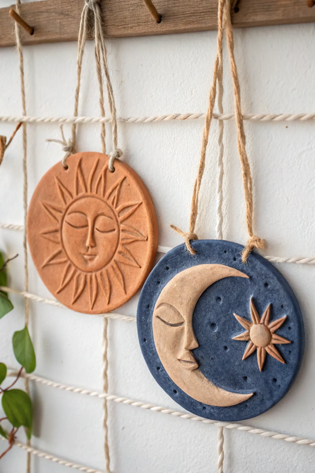 Minimal sun and moon clay wall duo in bold terracotta and indigo, simple, romantic, and handmade.