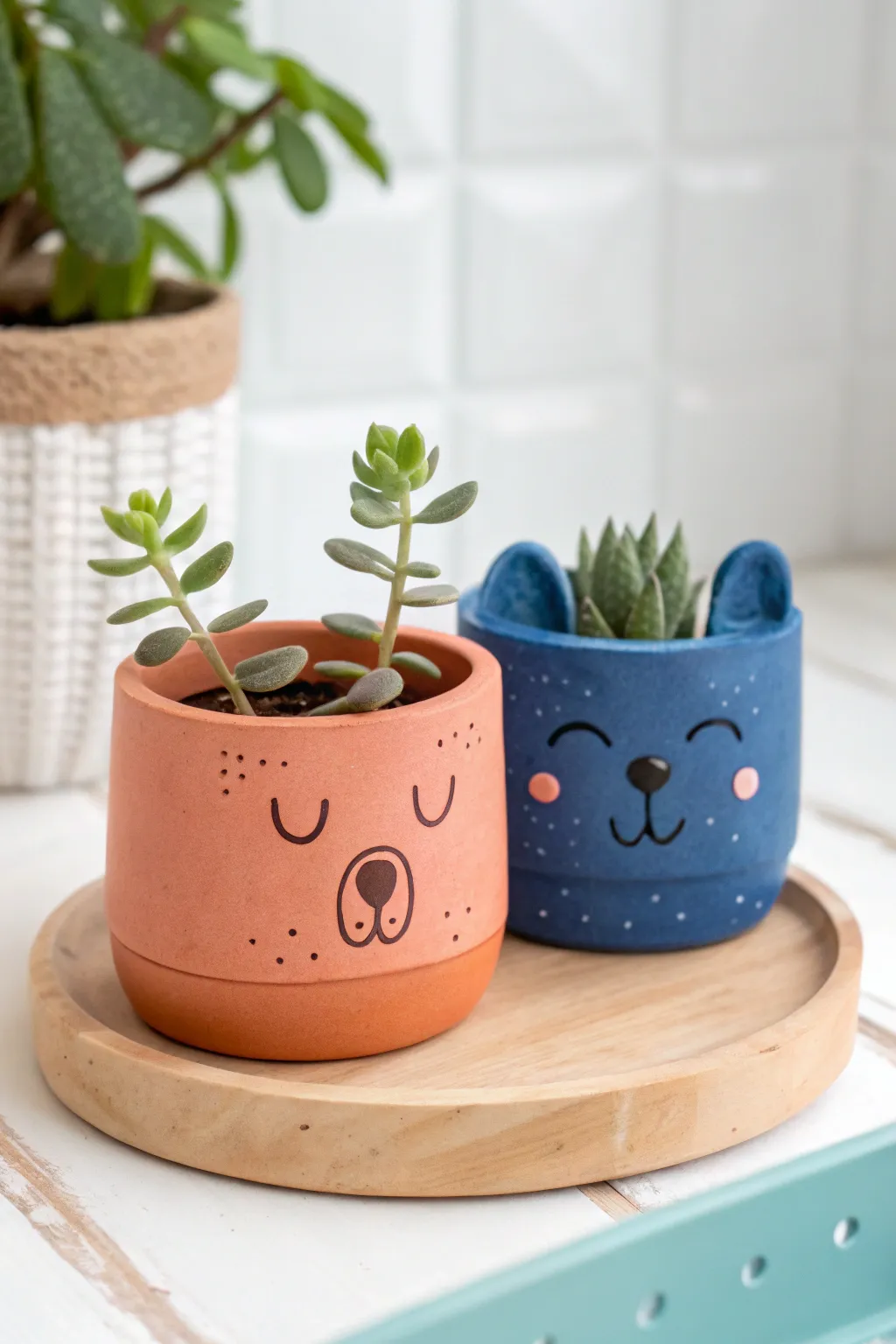 Cute bear and cat smiley mini planters with tiny greenery, a simple modeling clay idea for kids.