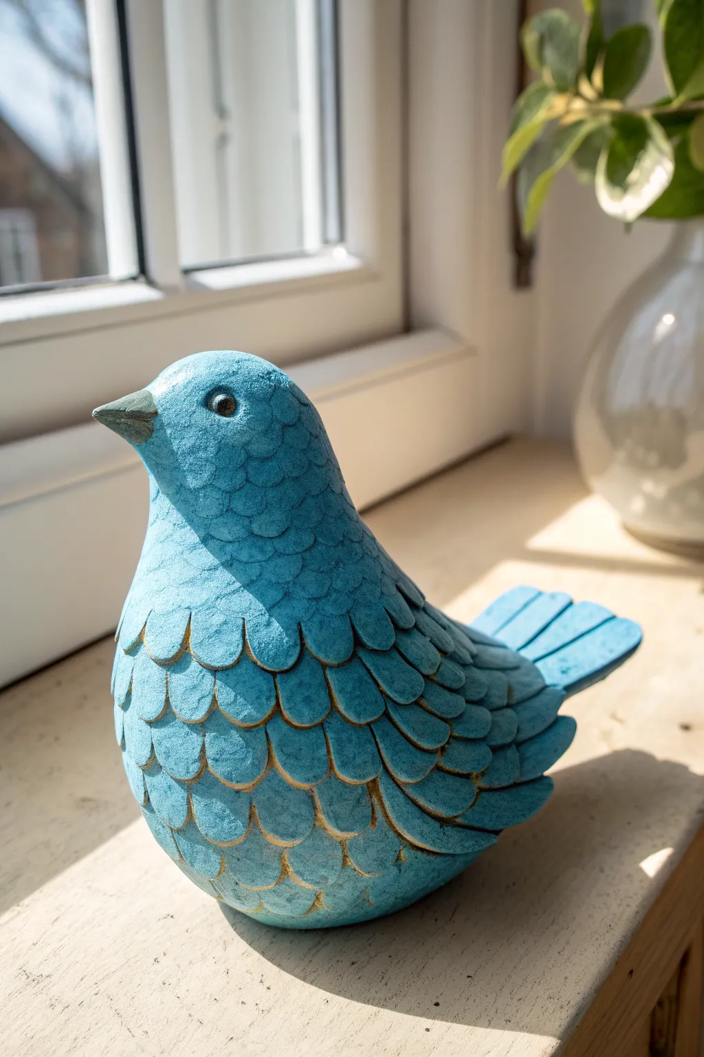 Layered teardrop feathers turn a simple clay bird into a textured, boho-minimal statement piece.