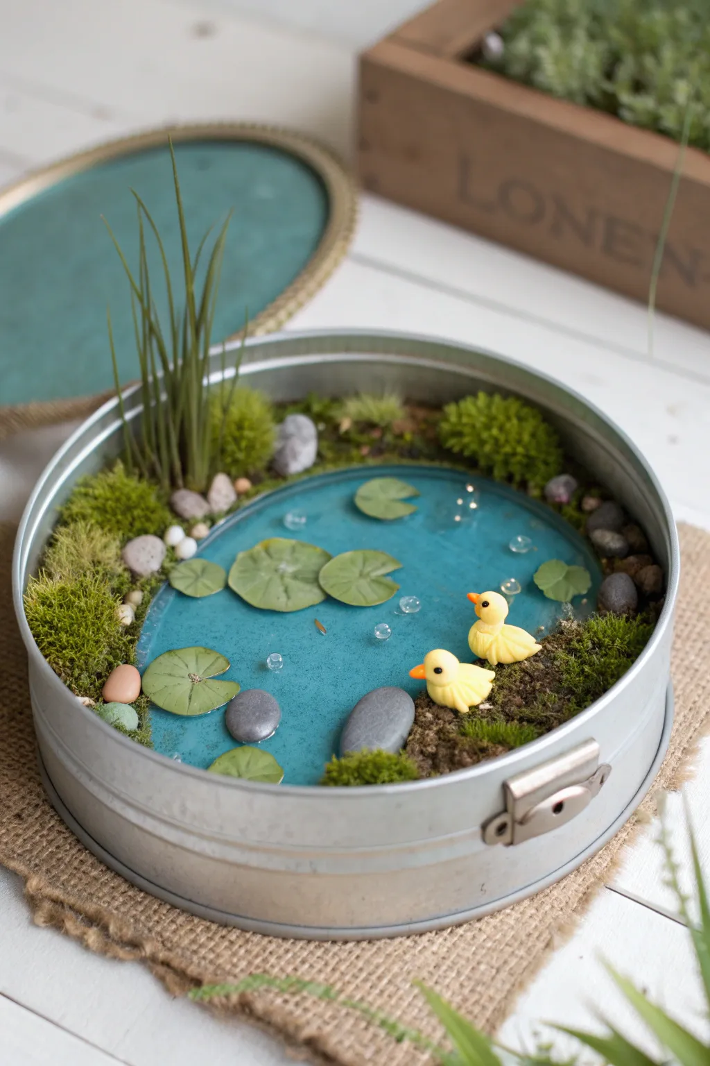 Tiny clay pond diorama in a tin lid, Scandinavian minimal calm with a playful boho pop.