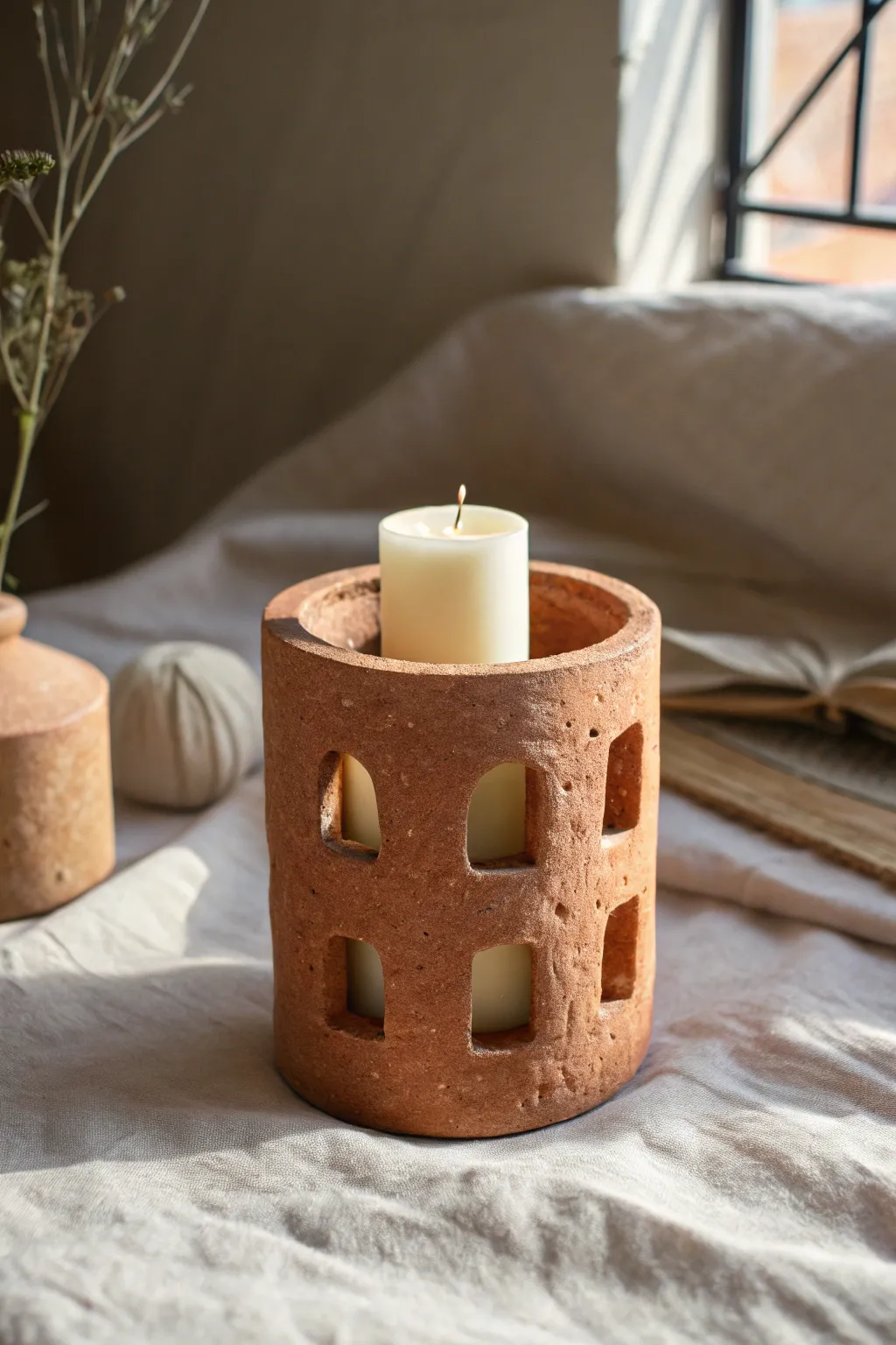 Chunky clay candle holder with simple cutout windows, minimalist boho warmth in bold terracotta.