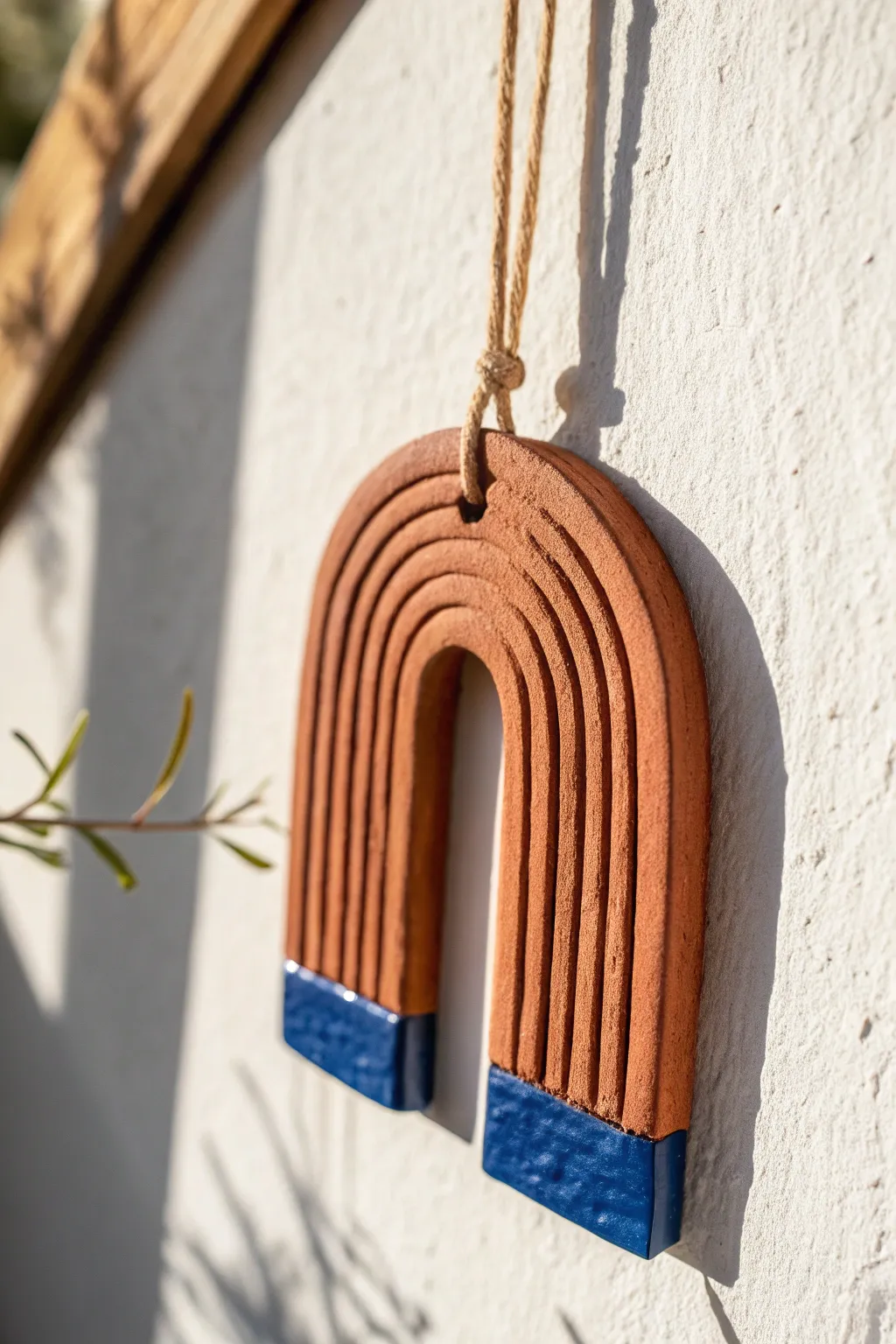 Minimal arched clay wall hanging with carved lines and bold glaze, simple and striking.