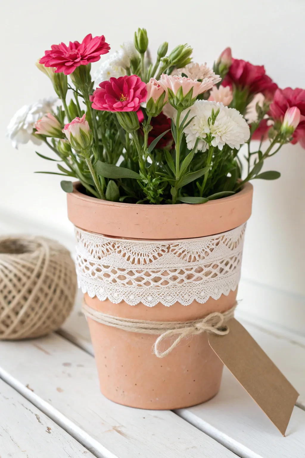 Air-dry clay lace texture transforms a terracotta pot into a chic Mothers Day floral gift.