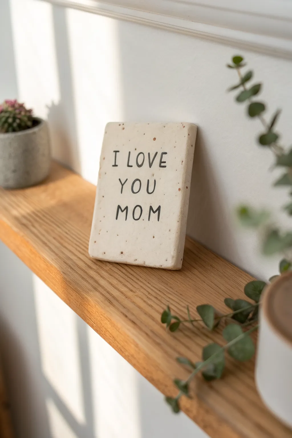 Minimal clay plaque with a heartfelt handwritten message, a simple Mother’s Day gift idea