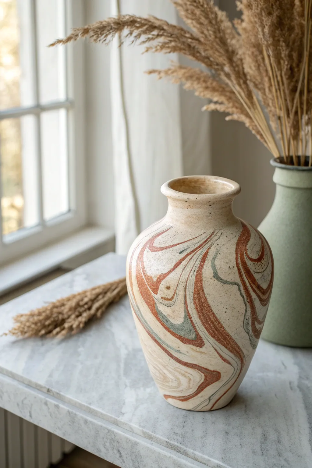 Earthy marbled swirl mud vase in cream and terracotta, styled with simple dried grass.