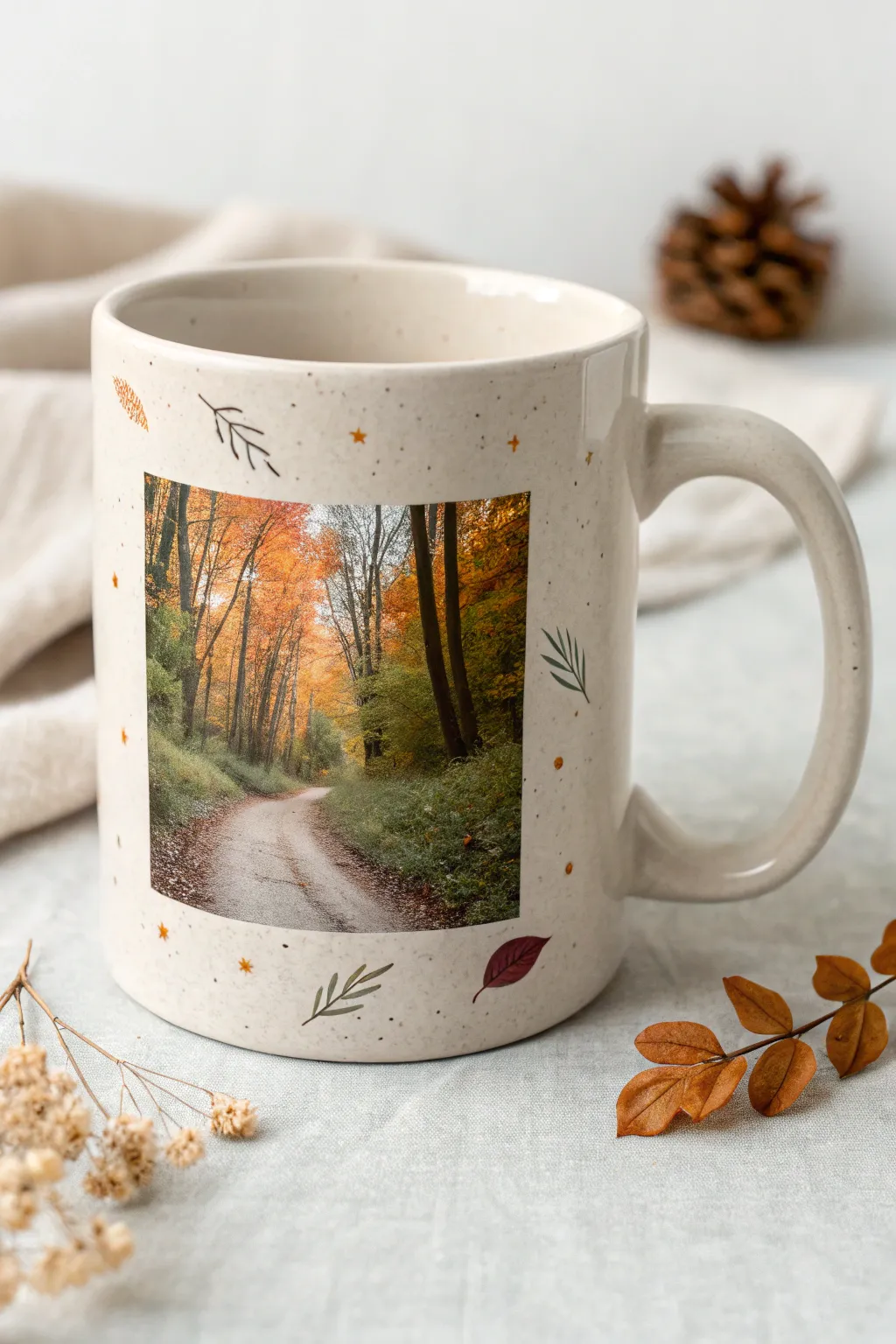 Seasonal photo mug with delicate icon scatter, minimalist Scandinavian style with a playful boho touch