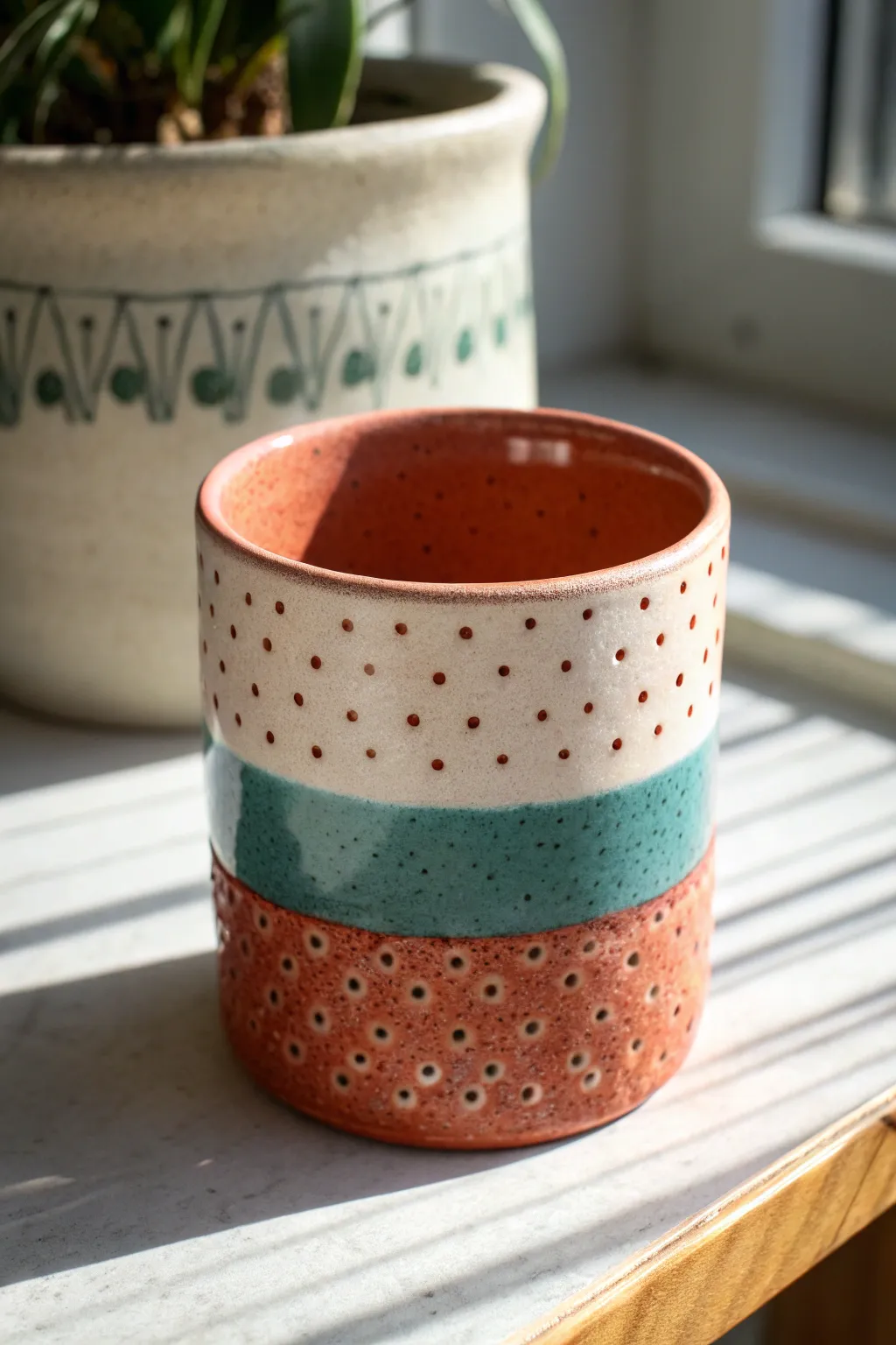 Bubble crater glaze meets smooth shine on a minimalist mug for bold, playful texture.
