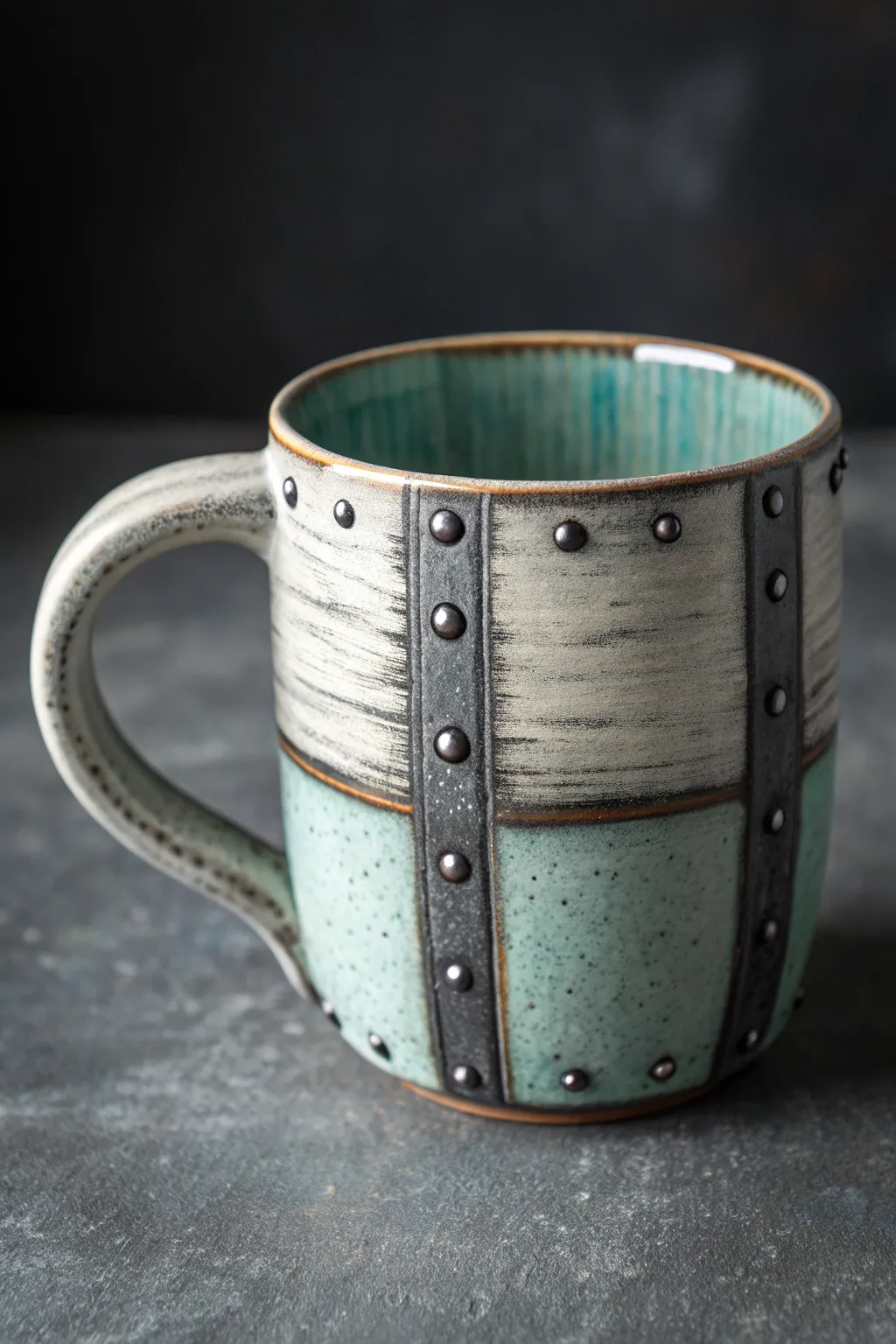 Brushed metal look mug with easy rivet dots and patina edges for a bold industrial finish