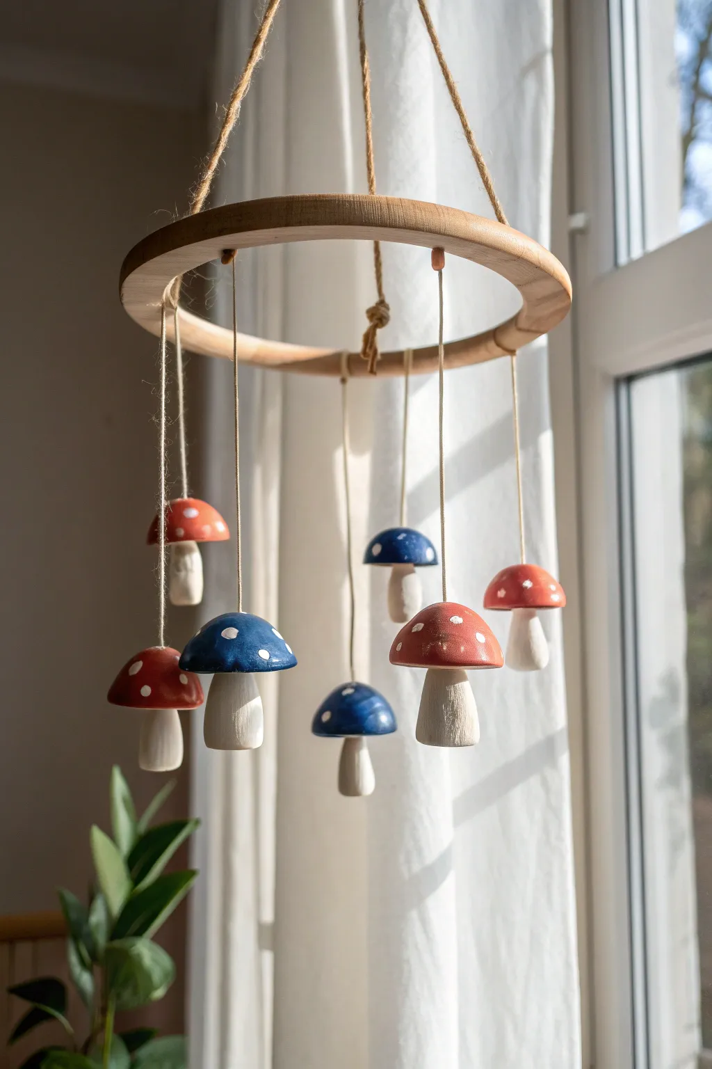 Minimalist mushroom hanging mobile with bold glazed charms, softly lit by a bright window.