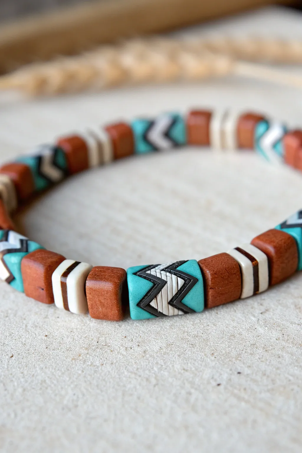 Close-up of a clay tile and heishi bead bracelet with bold stripes, minimalist boho vibes for summer