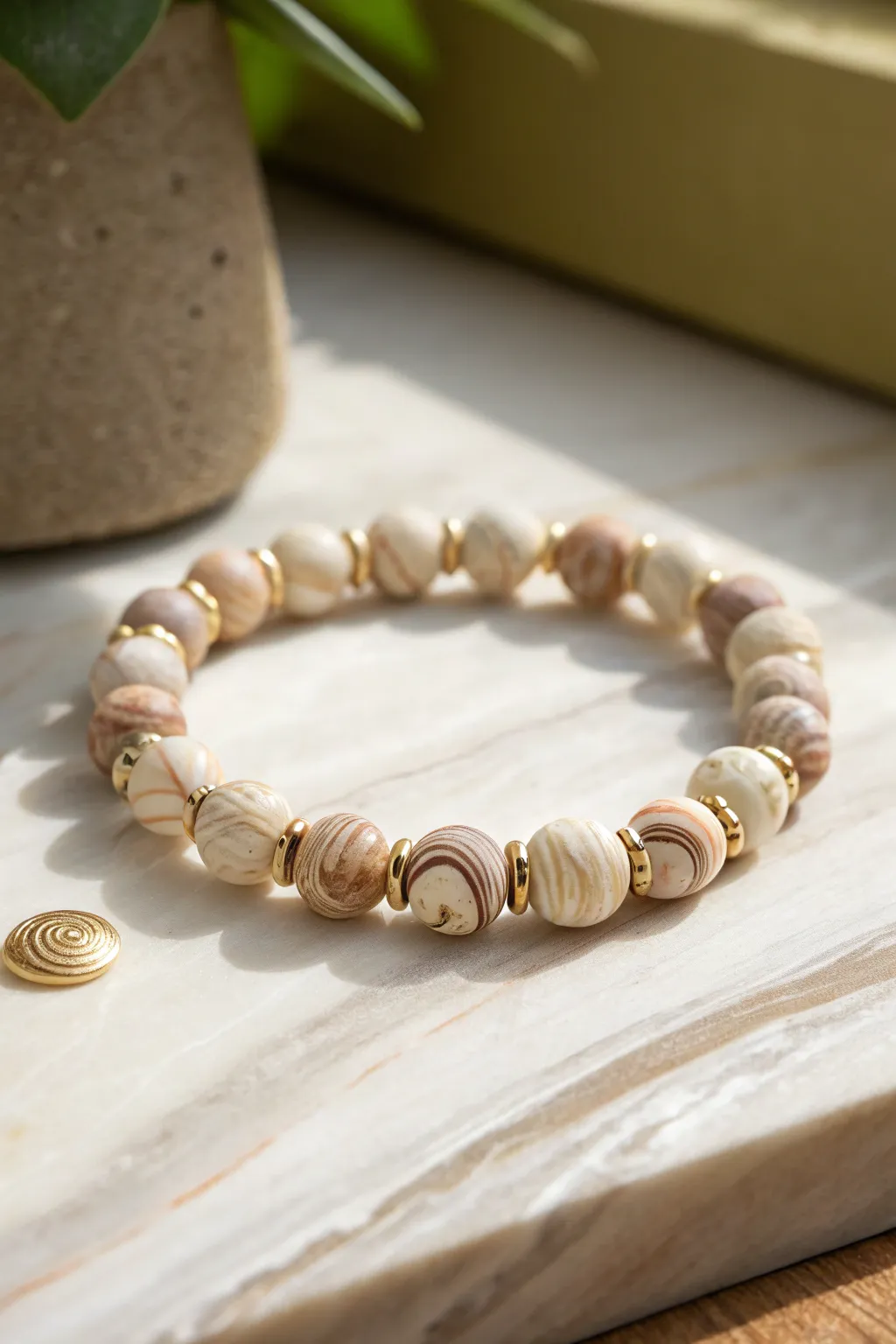 Cream and taupe marbled clay beads add soft movement and depth to a minimalist neutral bracelet.