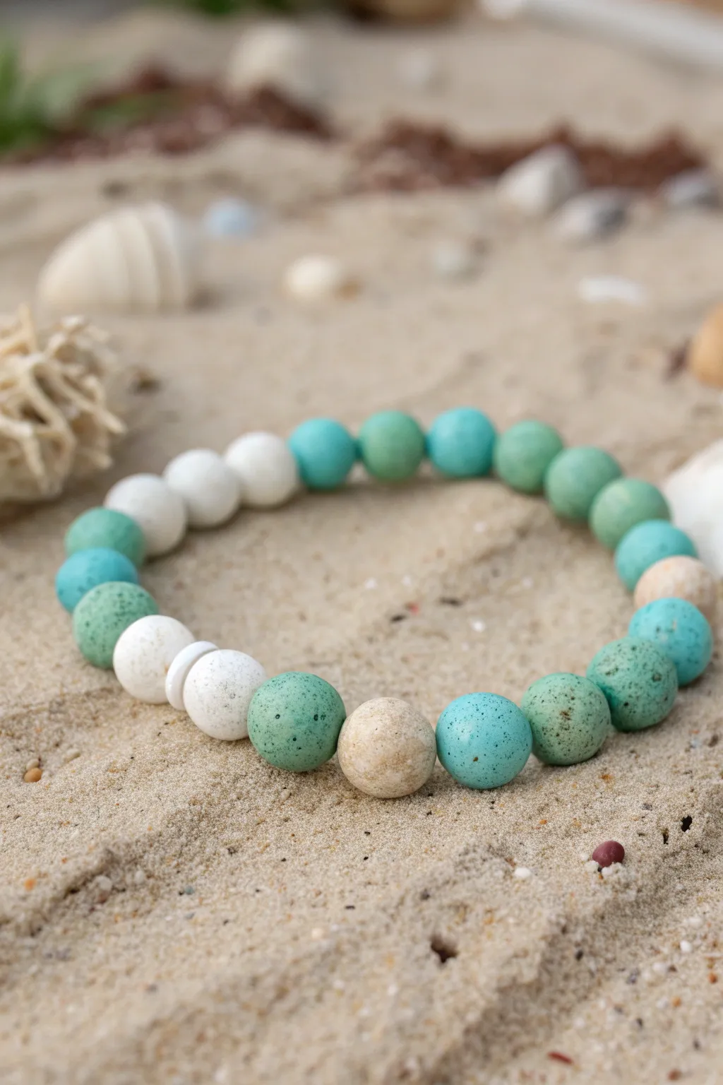 Seafoam and turquoise speckled clay beads evoke tidal pools in a simple, coastal bracelet.