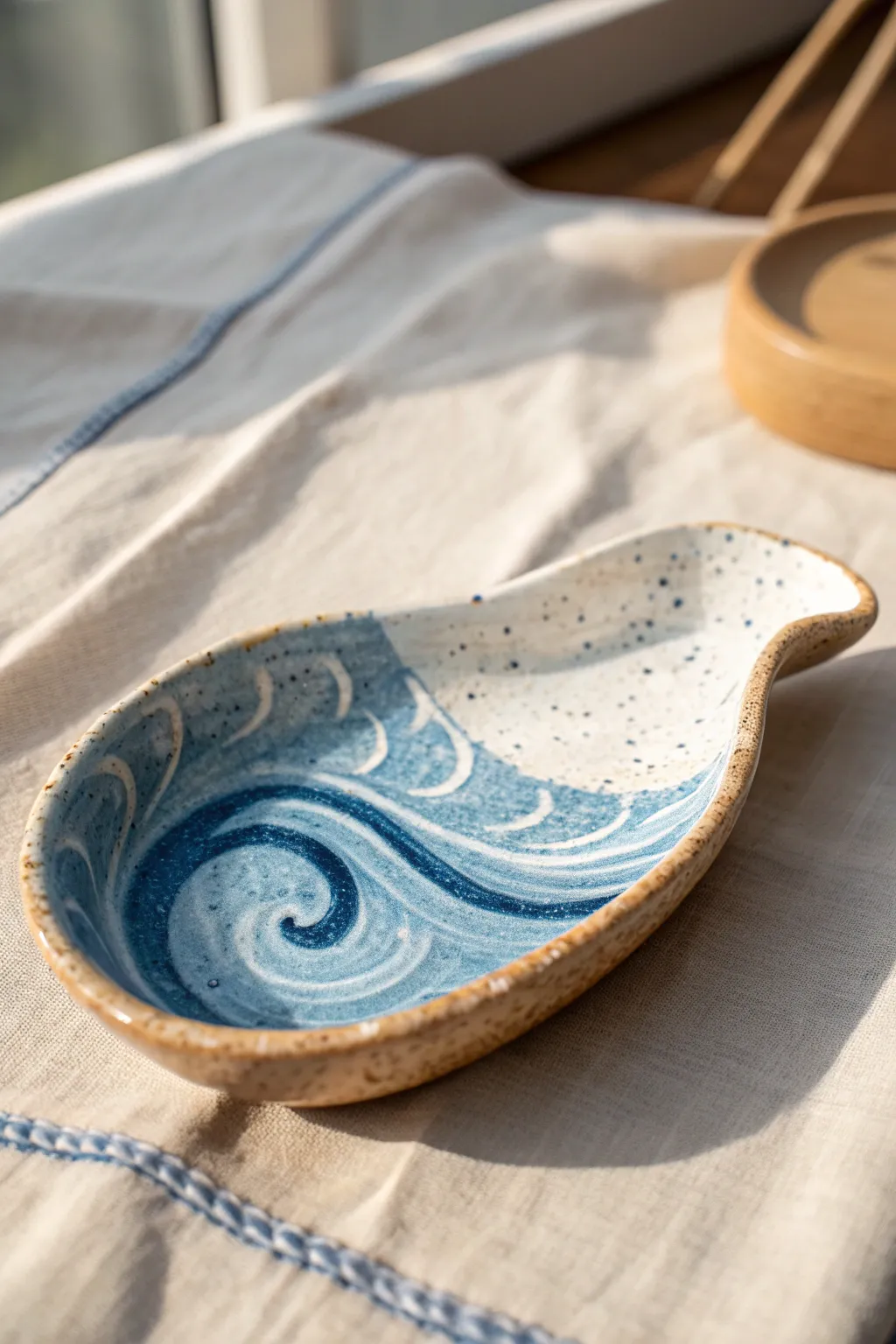 Glossy ocean-wave spoon rest with blue-white marbling and sea-foam shine, minimal and bold.