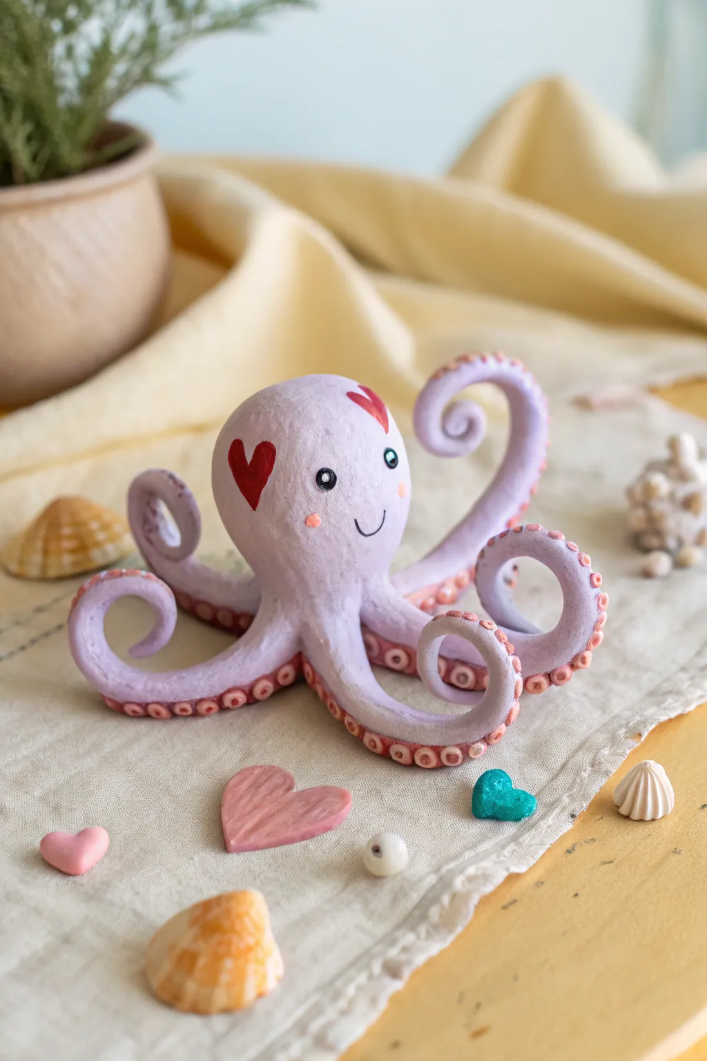 Sweet clay octopus with heart-shaped tentacles in soft pastels, minimalist boho vibe